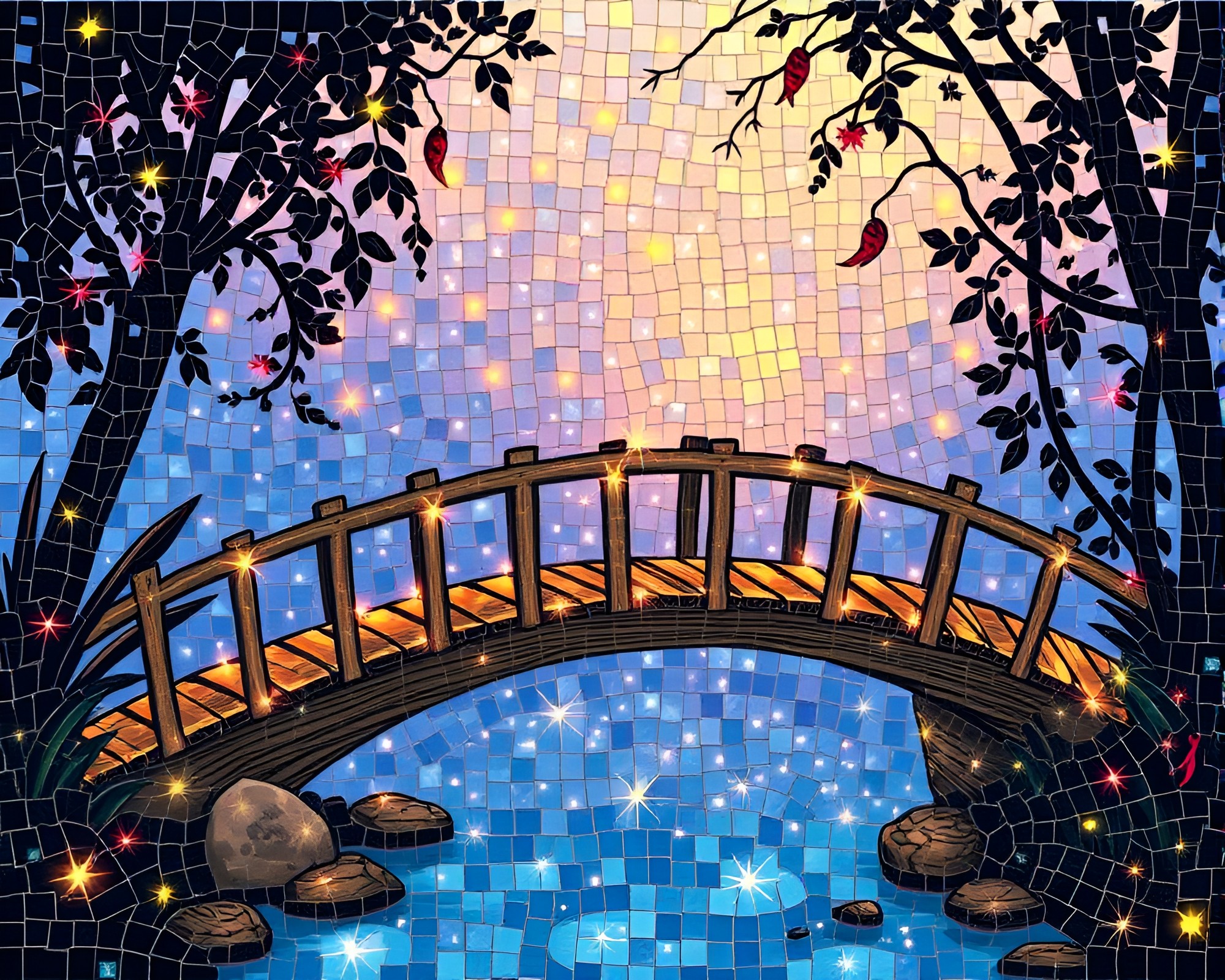 Enchanted Wooden Bridge Mosaic Tiling Silhouette Illustration – free AI stock image