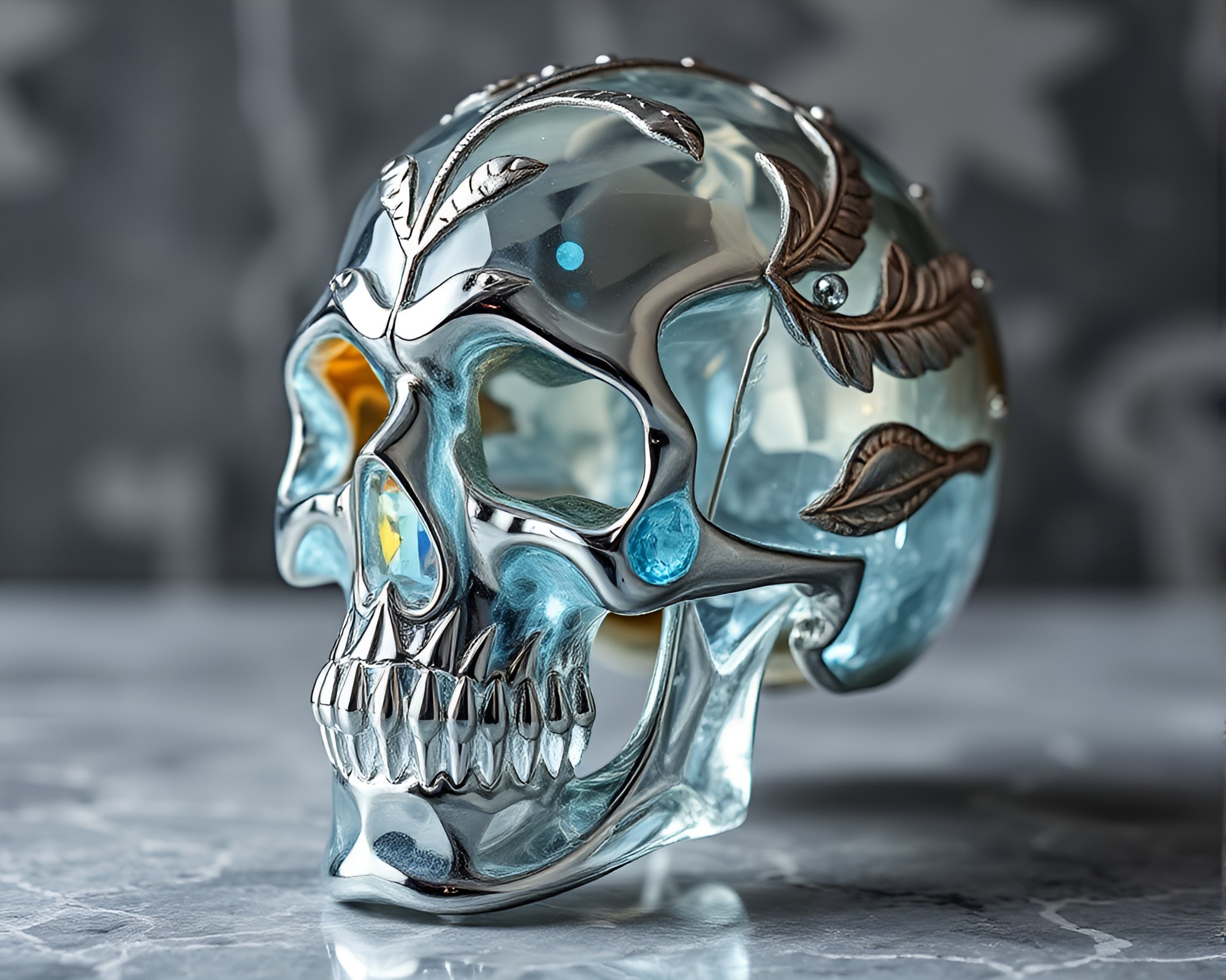 Écorché Study: Crystal Skull with Silver Leaf Accents – free AI stock image
