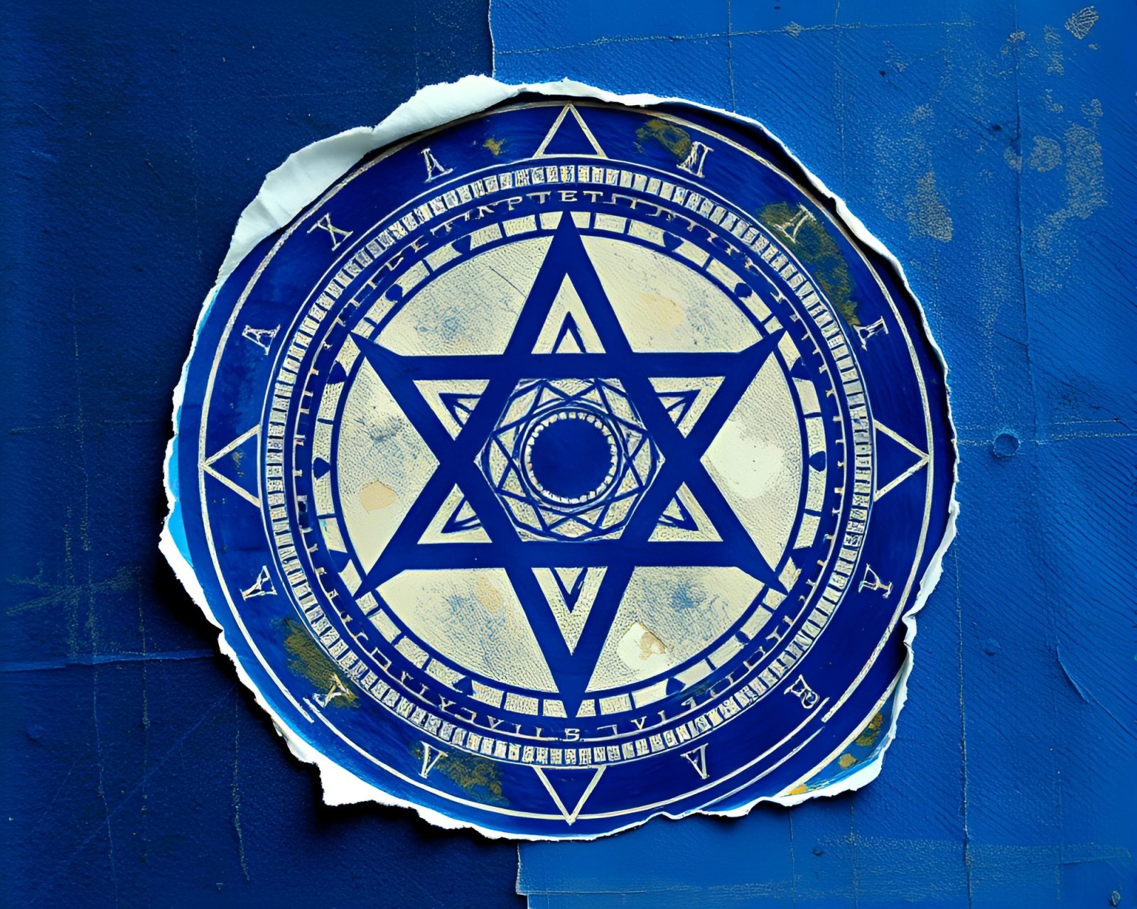 Abstract torn edges with intricate esoteric symbols in cobalt blue.