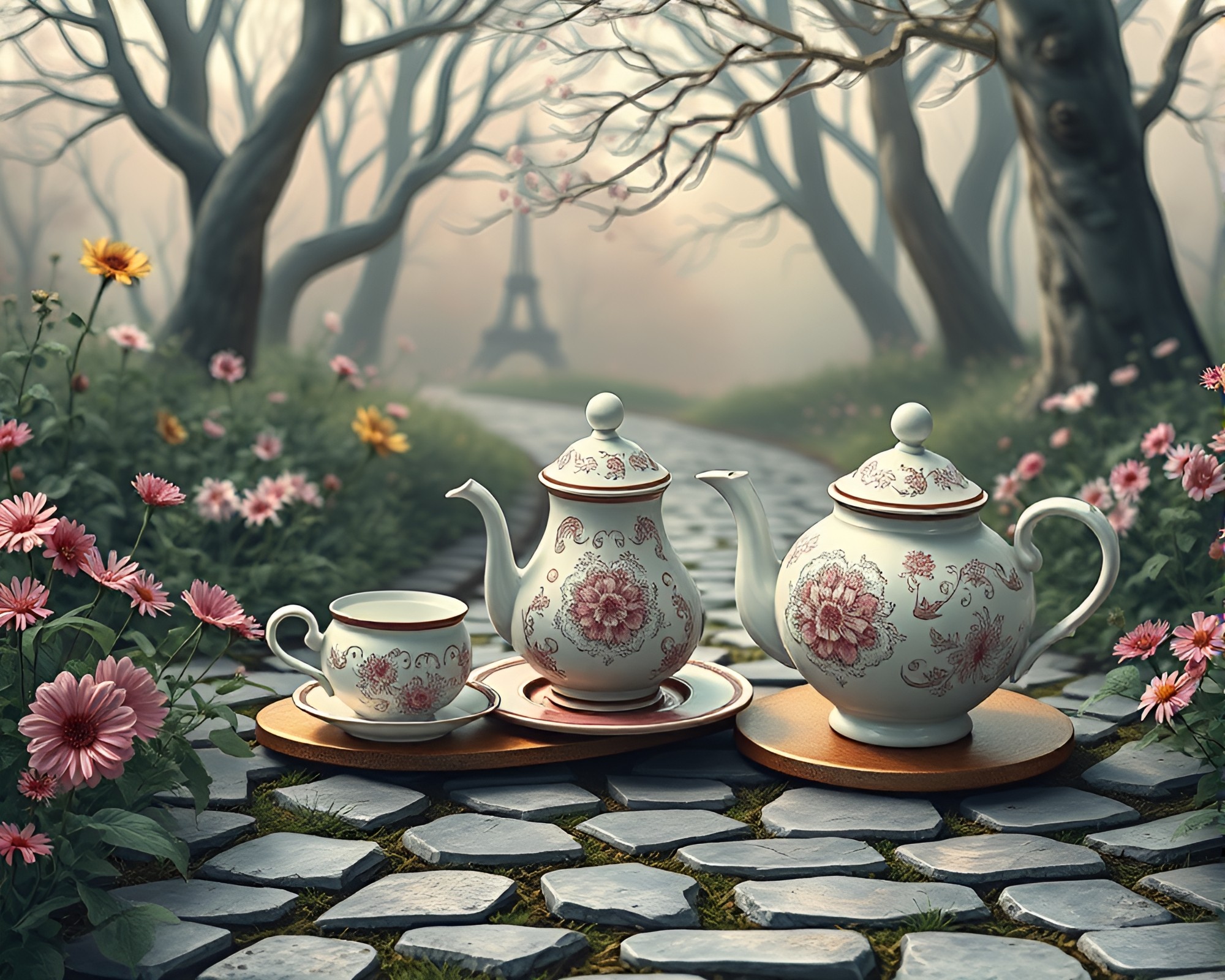 Alice in Wonderland Tea Party on Cobblestone Path – free AI stock image