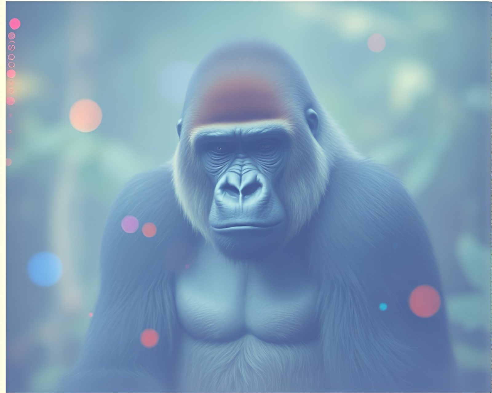 Majestic silverback gorilla surrounded by holographic specks in haze
