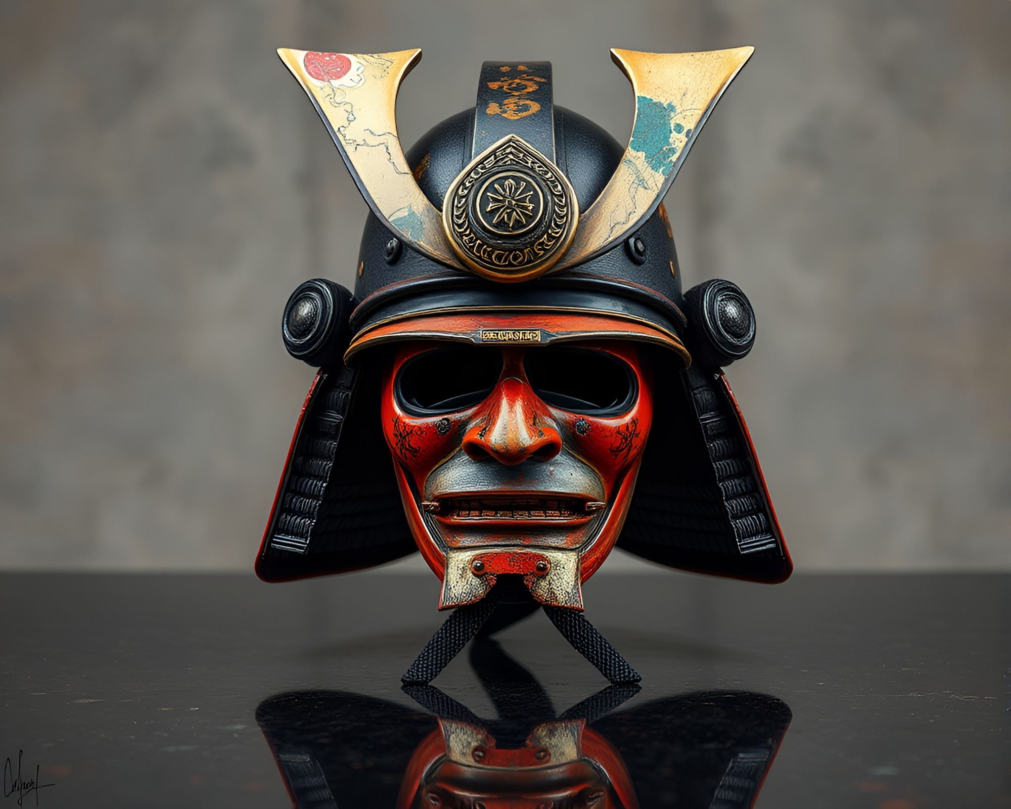 Samurai Helmet Reflections in Sgraffito Style – free AI stock image