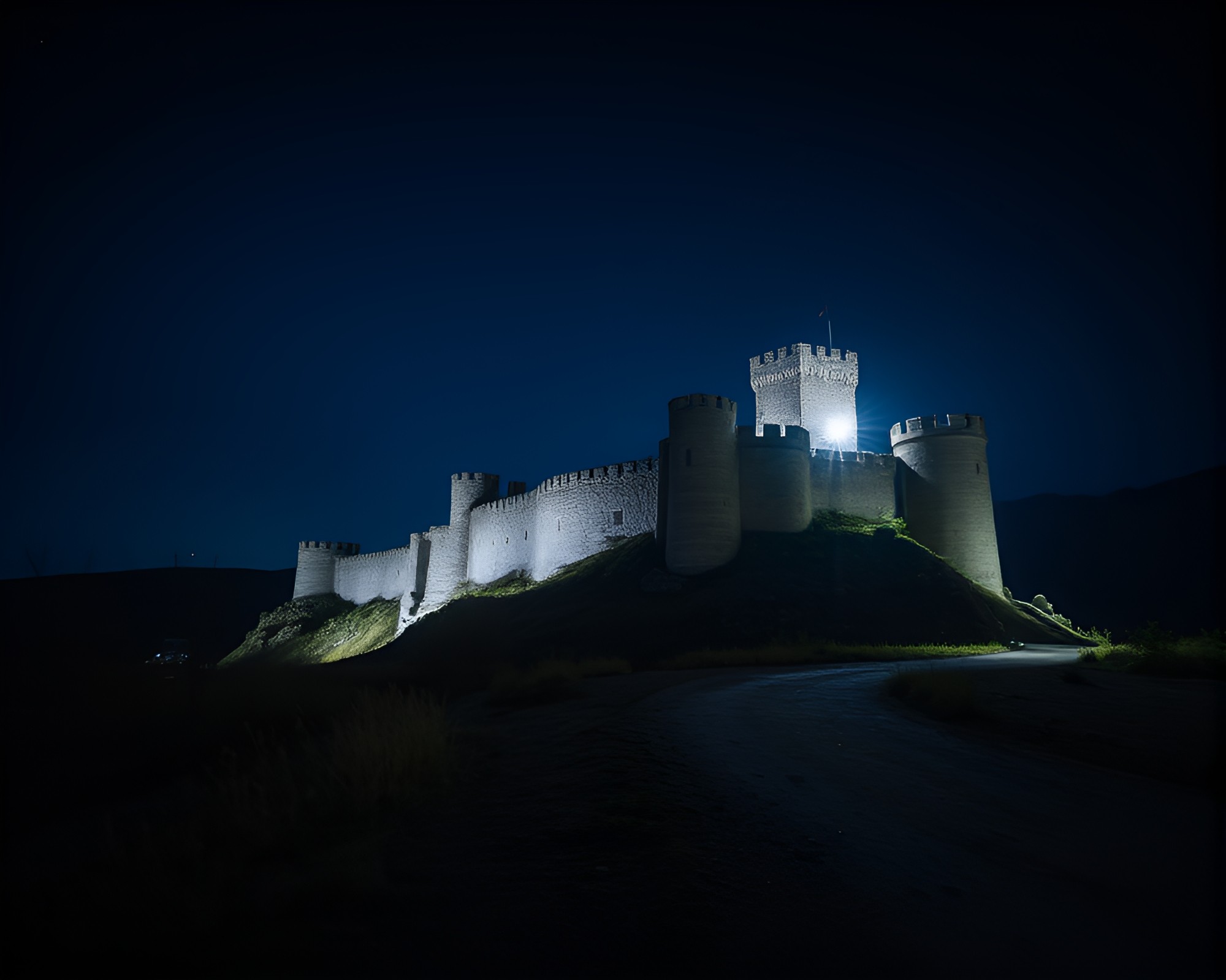 Eerie Deserted Castle at Night with Torchlight – free AI stock image