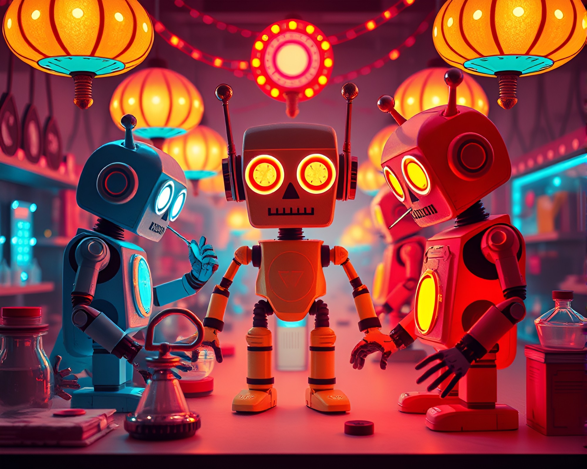 Robotic Carnival Lights: A Paper Tear Composition – free AI stock image