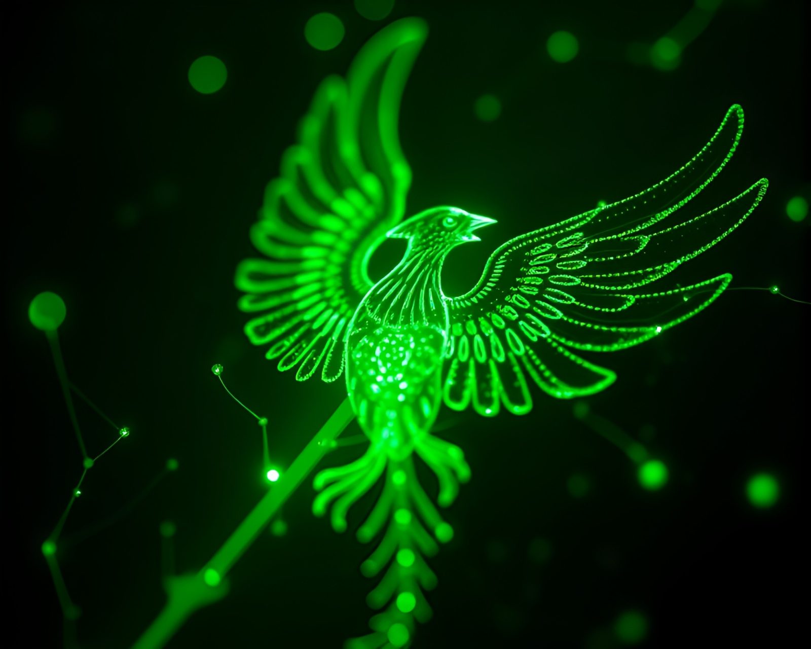 ASCII art of a majestic phoenix with emerald green accents