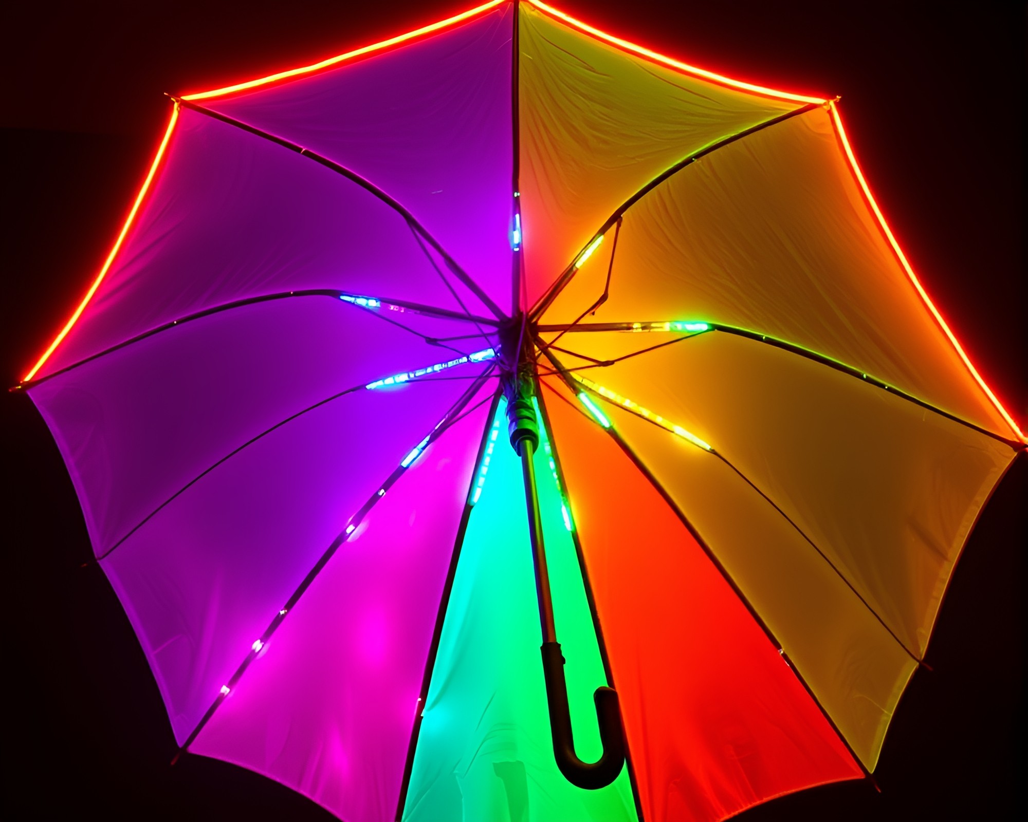 Neon-lit umbrella in rainbow contouring stitches – free AI stock image