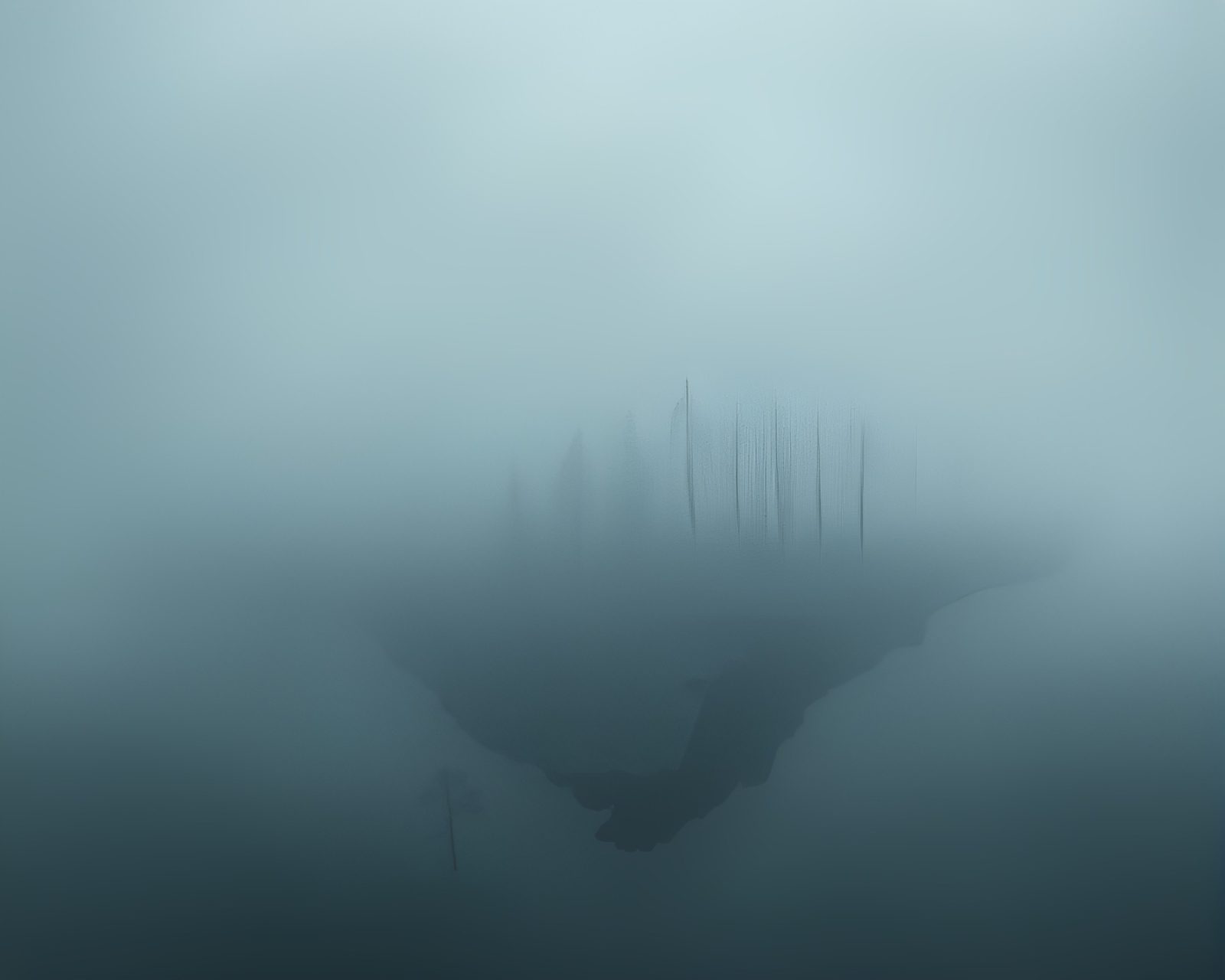 Mysterious floating landmass shrouded in dense fog at dusk