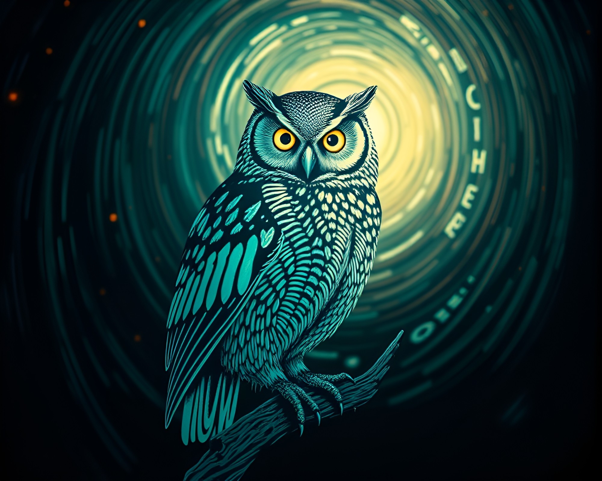 Clockwork Owl Illuminated by Torchlight in Surreal Fingerprint Swirl – free AI stock image