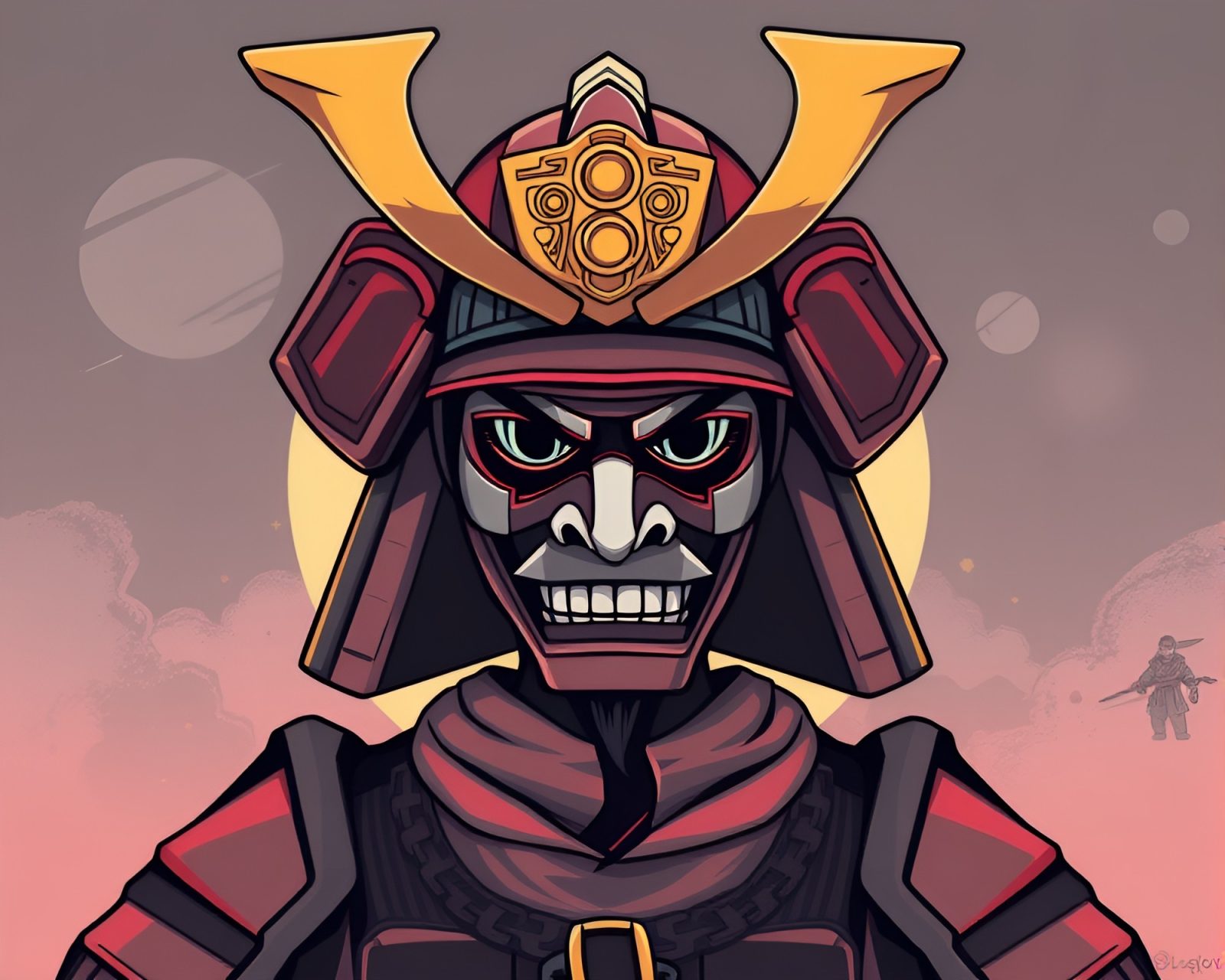 Off-center pastel-toned cartoon samurai helmet with detailed design