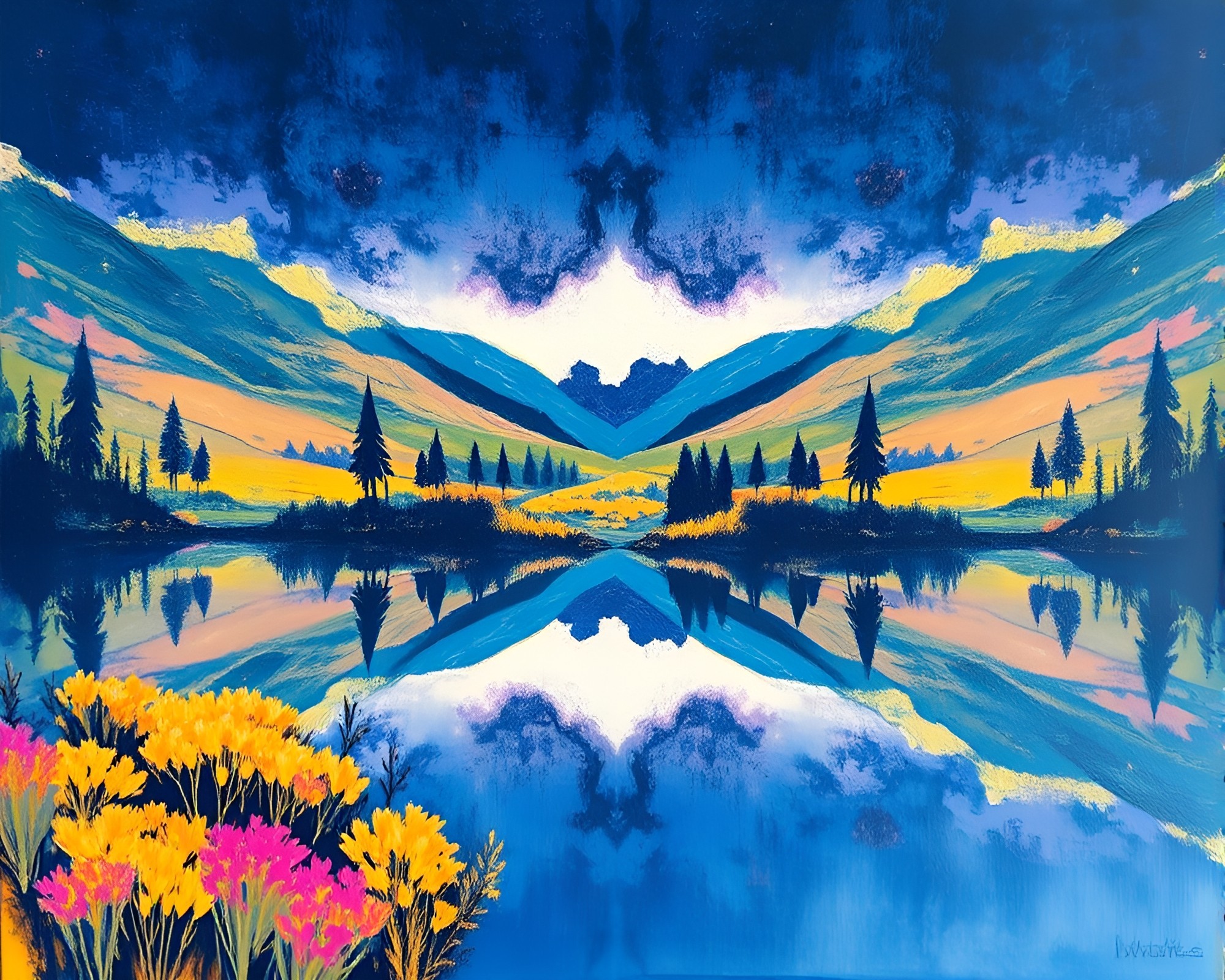Valley of Reflection: Indigo Expressionist Symmetry – free AI stock image