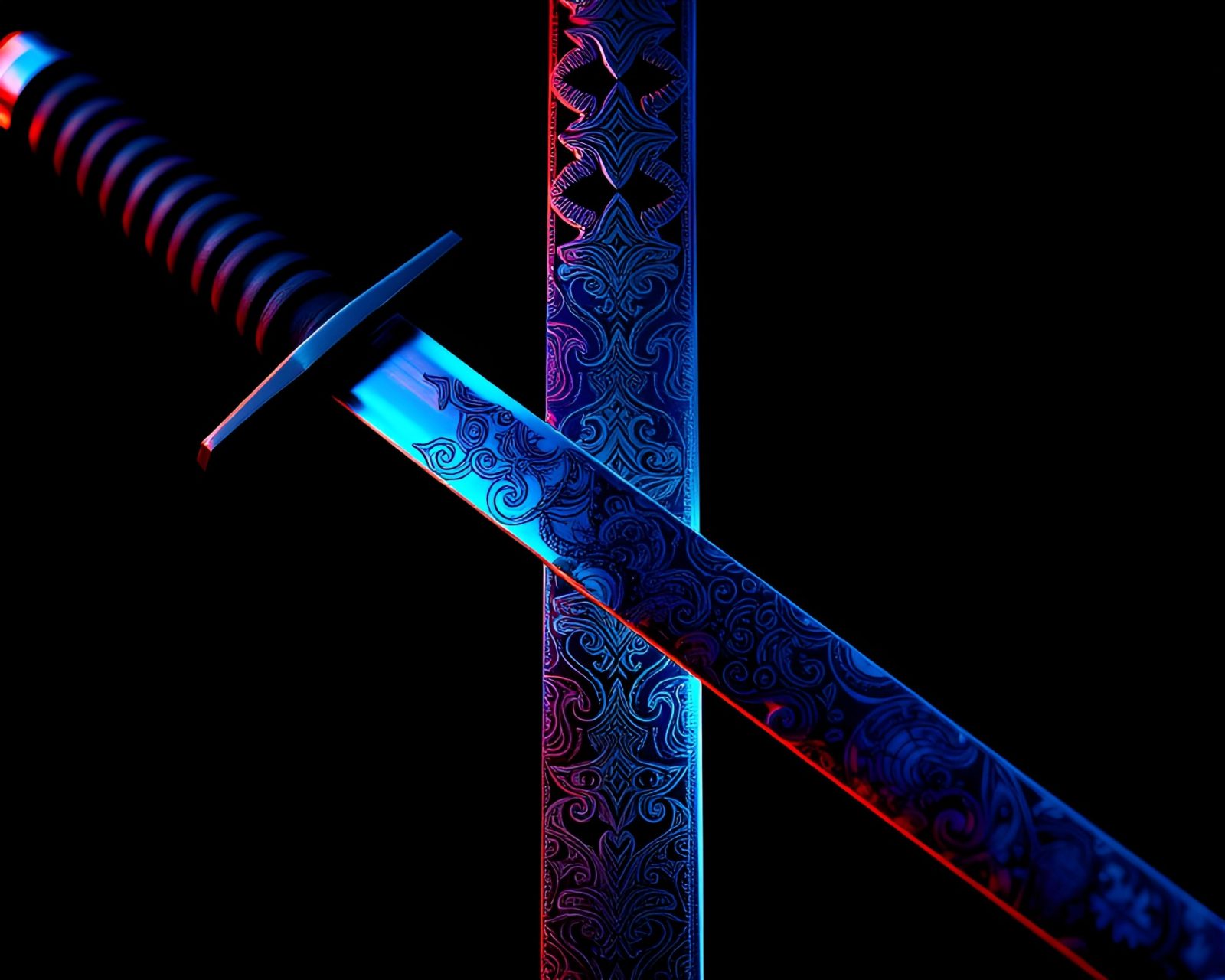 Abstract hologram of a samurai sword in duotone