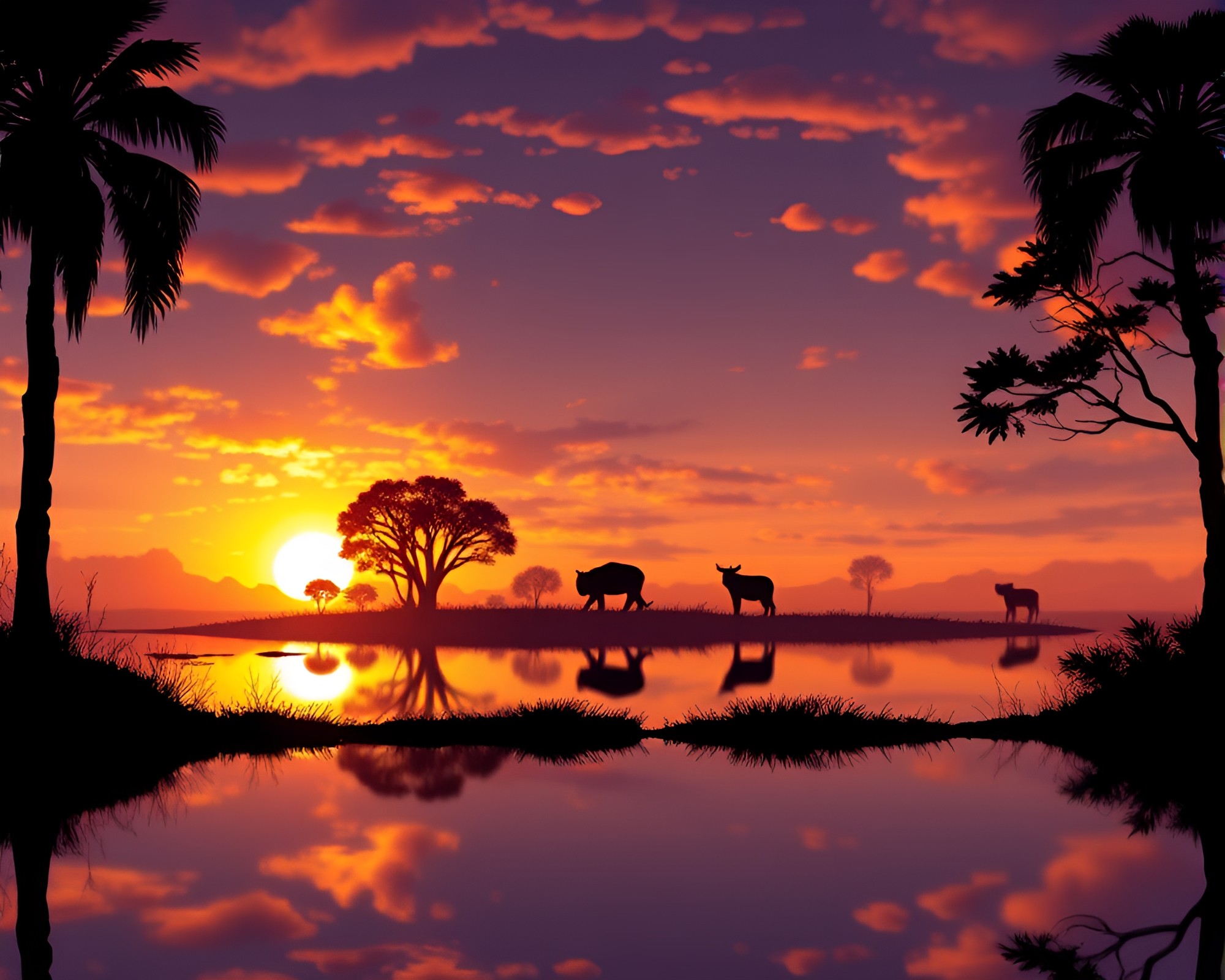 Majestic Voxel Savannah Sunset Reflection Silhouette – free AI stock image