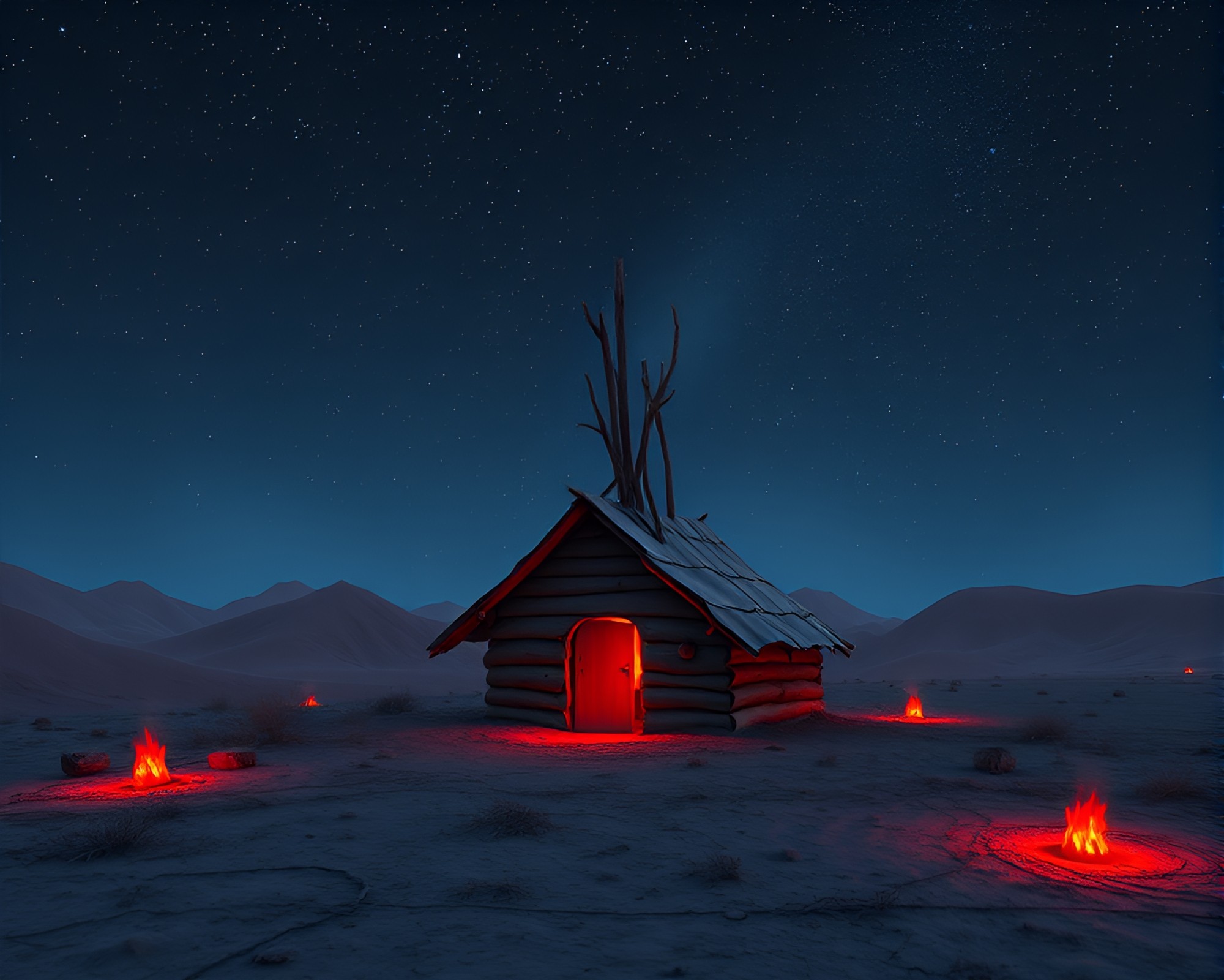 Volcano Glow Mud Hut Cinemagraph Art – free AI stock image