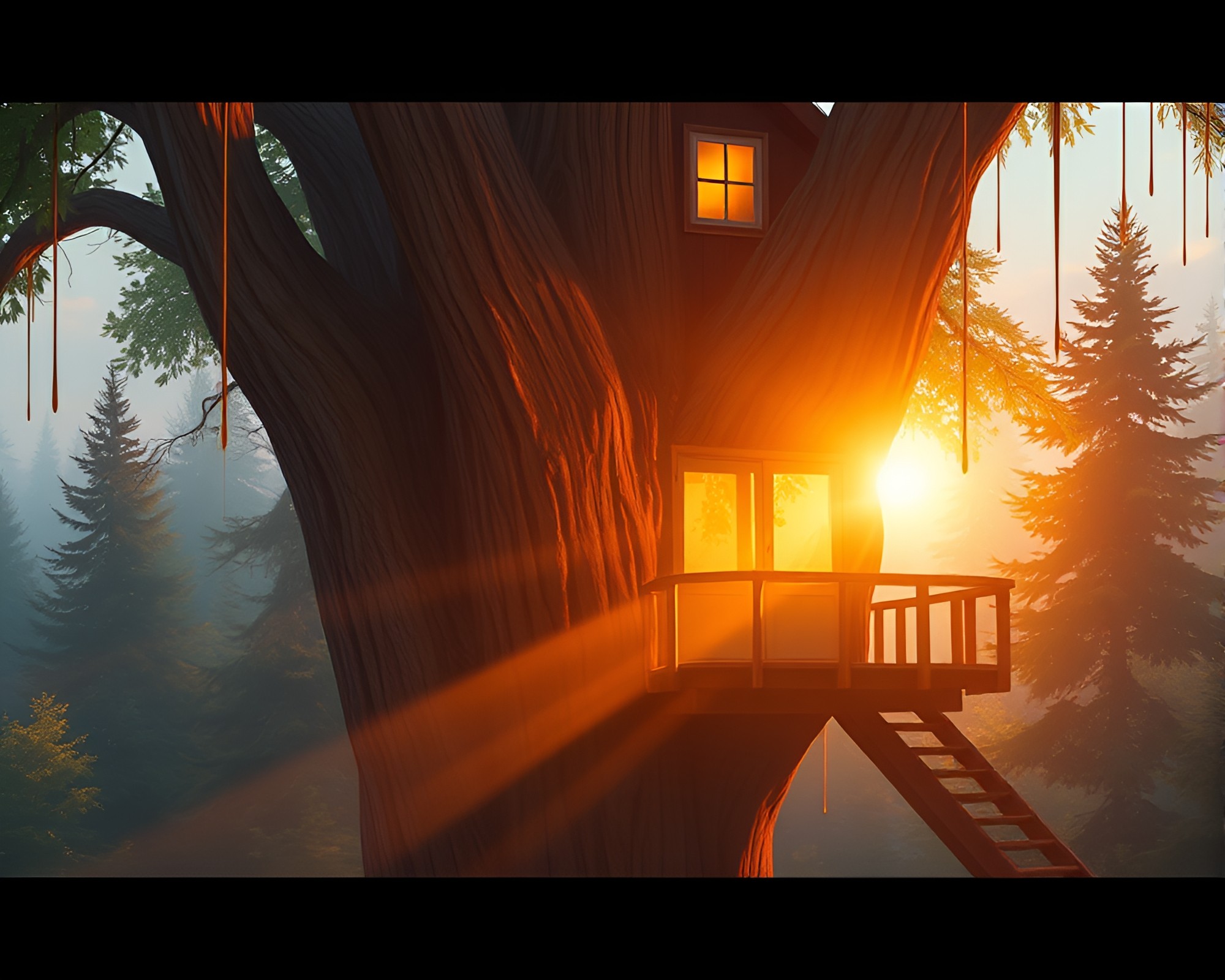 Morning Treehouse Dream with Paint Drips – free AI stock image