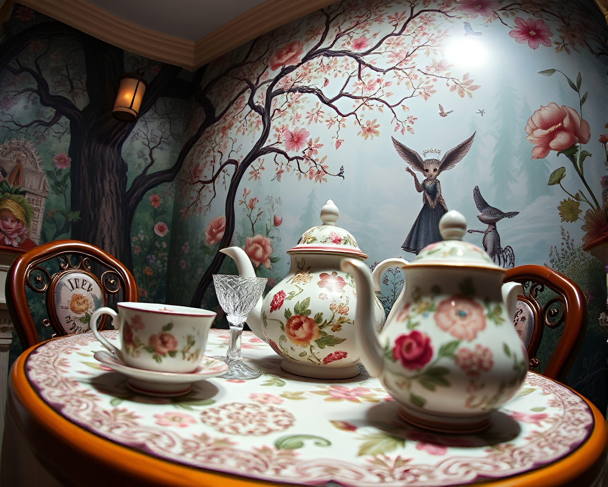 Fantastical Fisheye Alice Tea Party Mural – free AI stock image