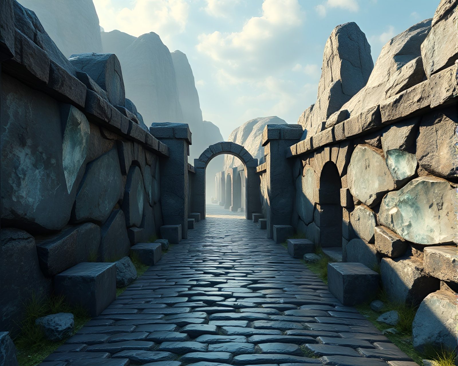 Fantasy lithograph of cobblestone path leading to multiverse portal