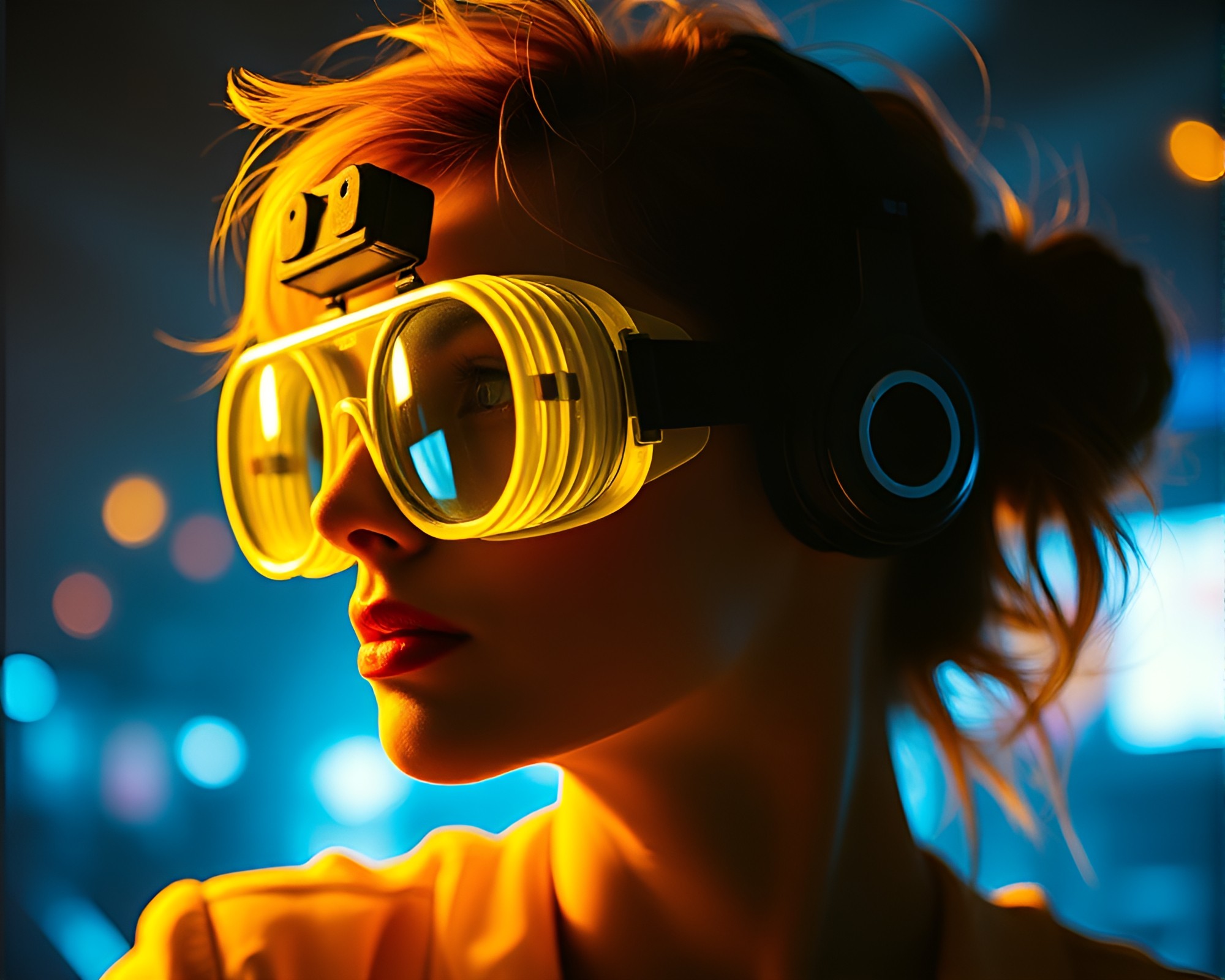 Steampunk Goggles Silhouette in Lemon Synthwave Light – free AI stock image