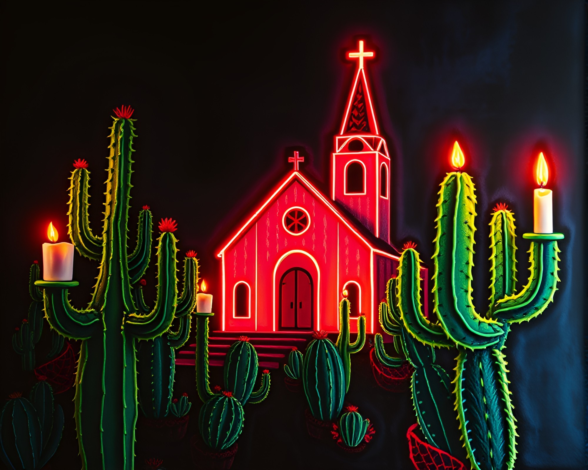 Lithographic Neon Cactus Stitched Pattern – free AI stock image