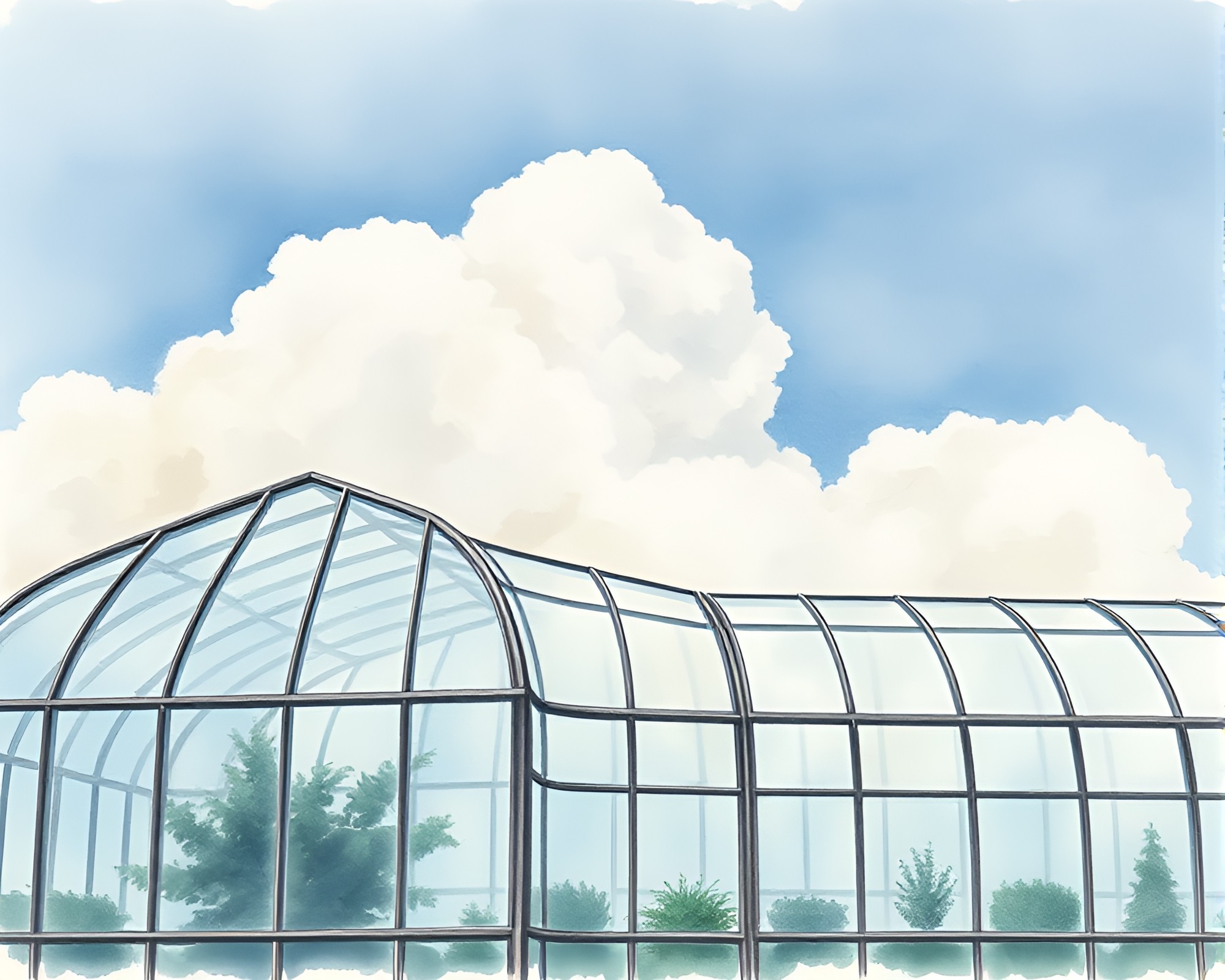 Glass Greenhouse under Cloud Formations with Stipple Shading – free AI stock image
