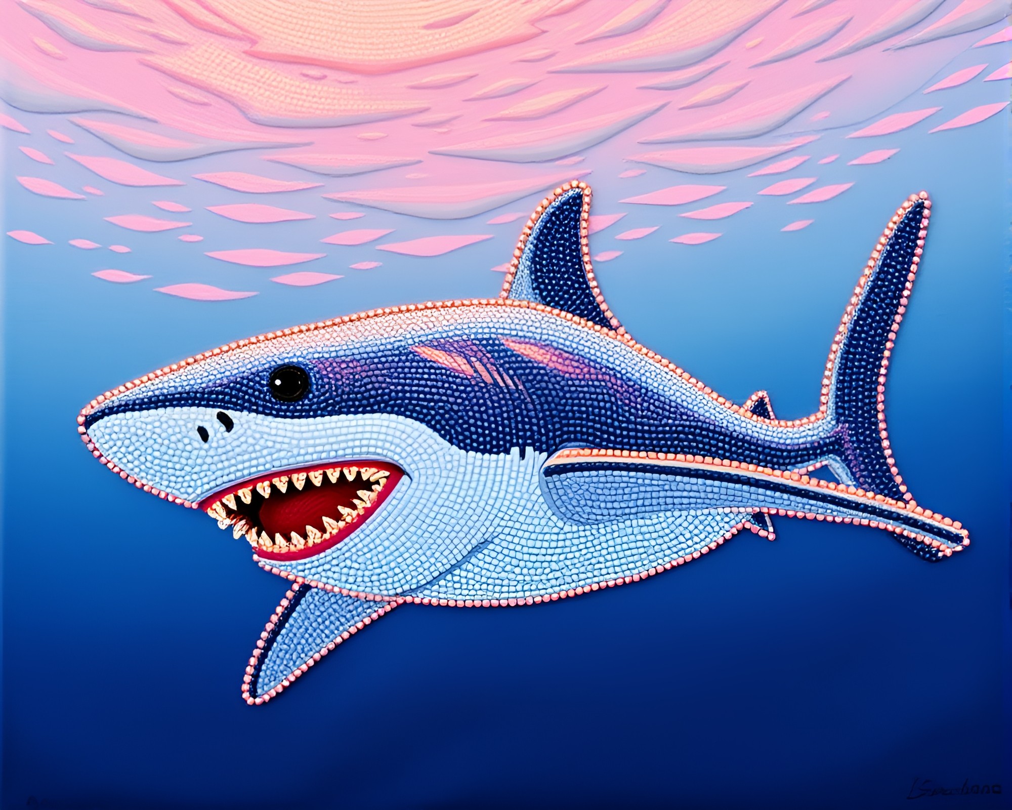 Sunrise Glow Shark Écorché Beadwork Art Composition – free AI stock image