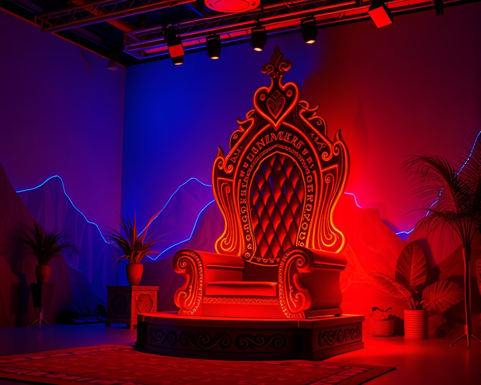 Vibrant neon-lit throne room in mystical valley setting