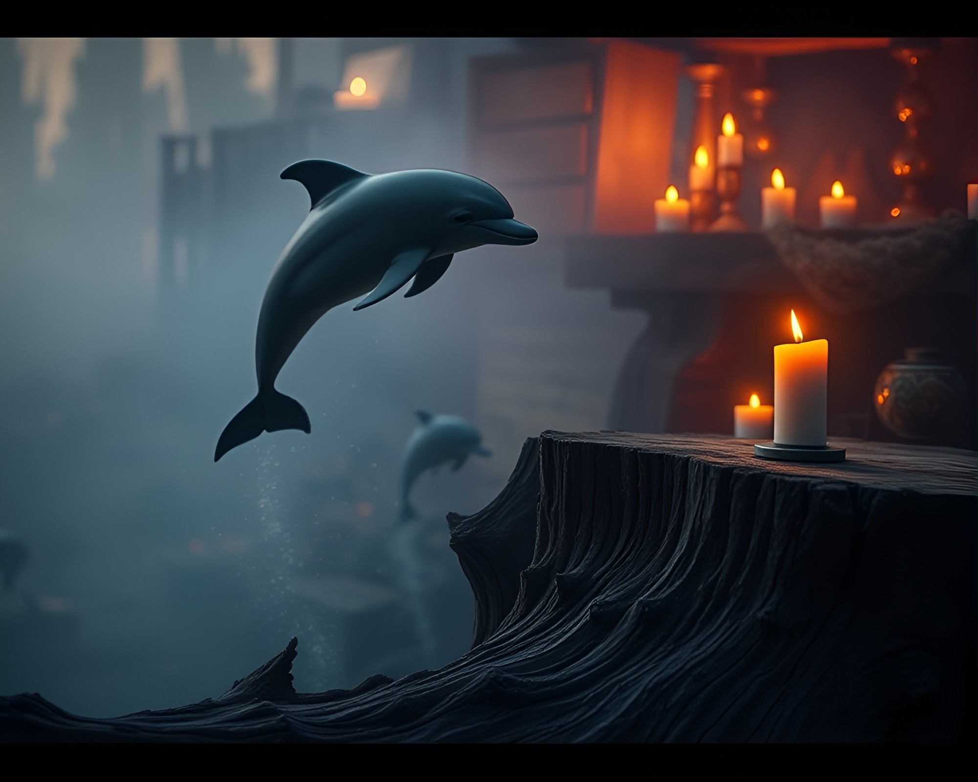Ethereal Dolphin Wood Grain Candlelit Fantasy Scene – free AI stock image