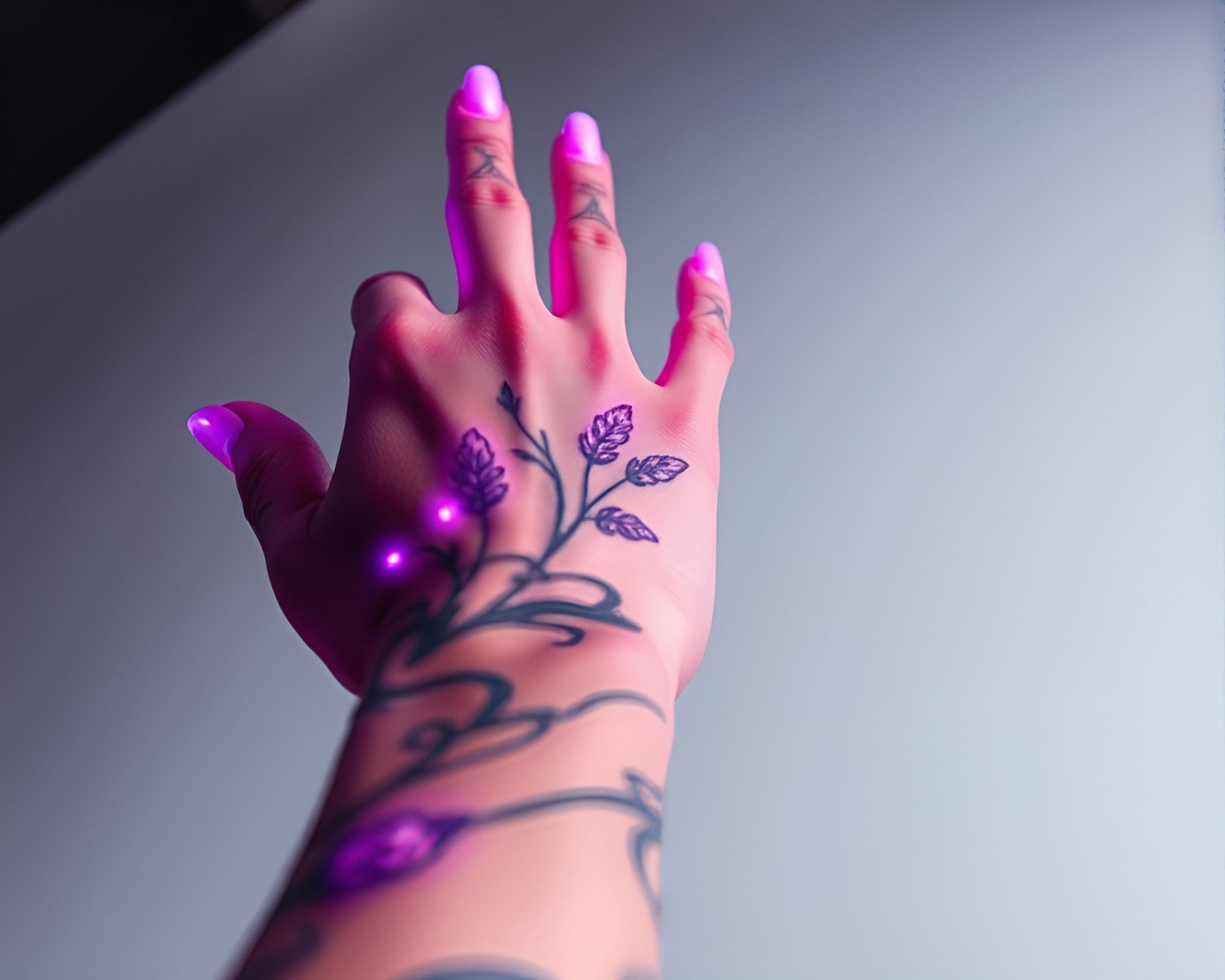 Lavender Twilight Cybernetic Hand Tattoo Flash Art – free AI stock image