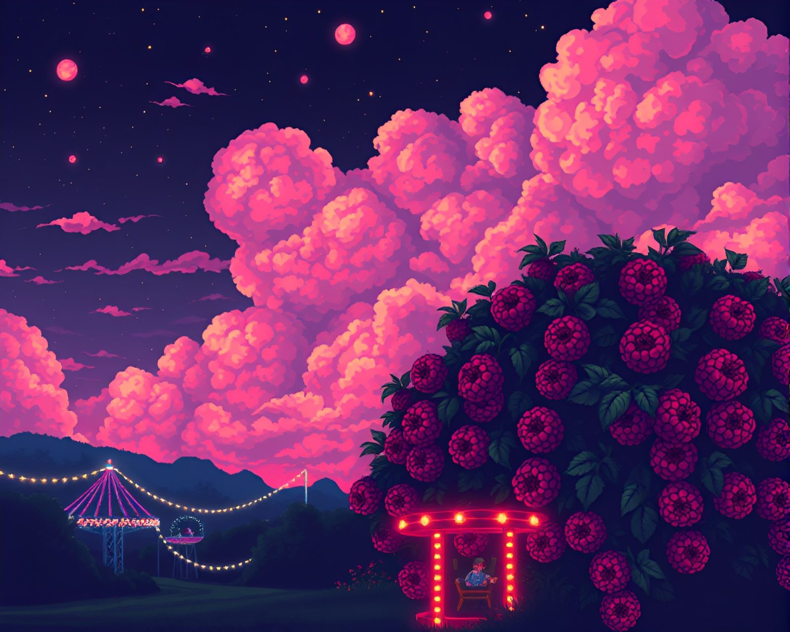Retro pixel art of carnival lights on raspberry cloud formations