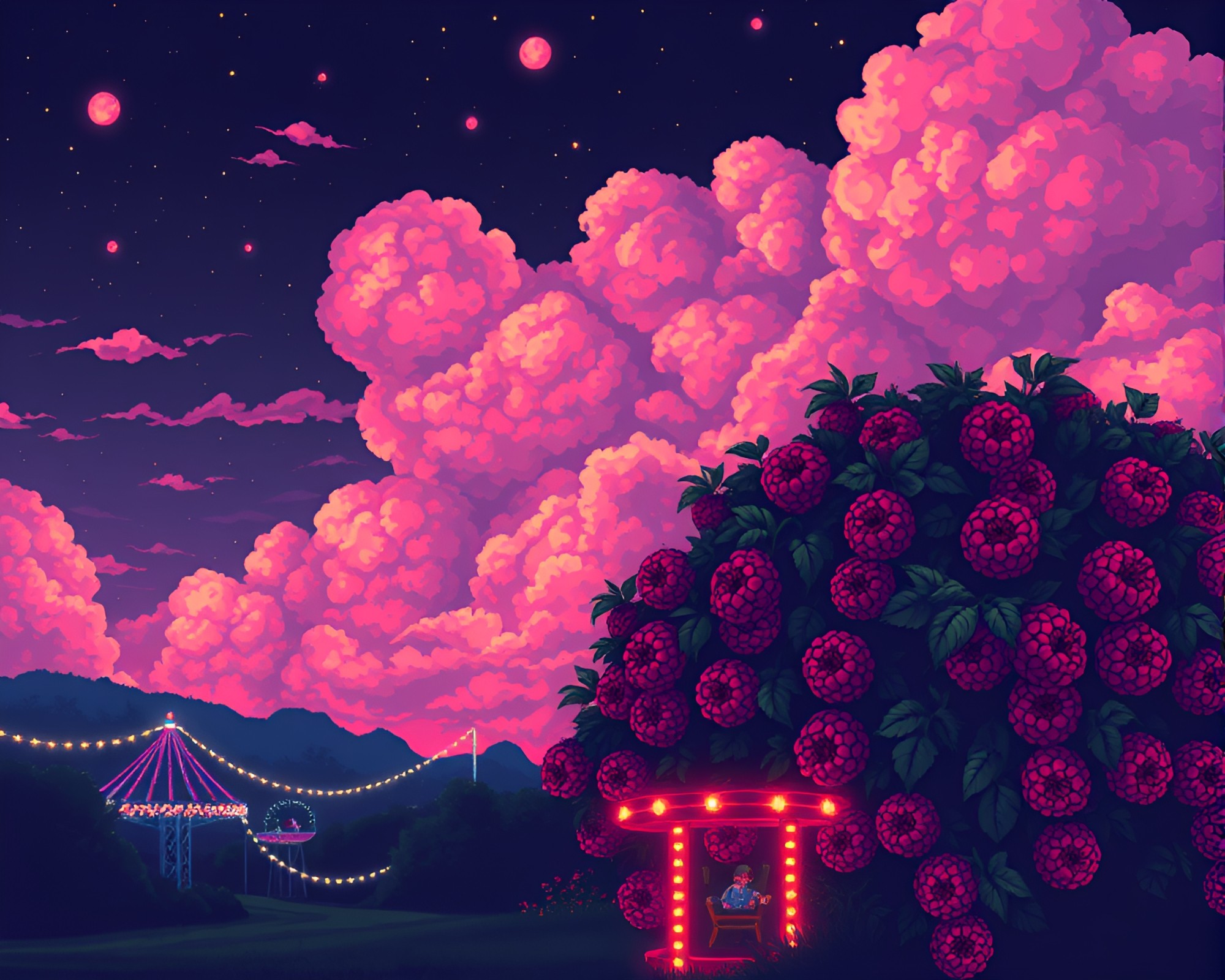Raspberry Carnival Sky: Pixelated Cloud Art – free AI stock image