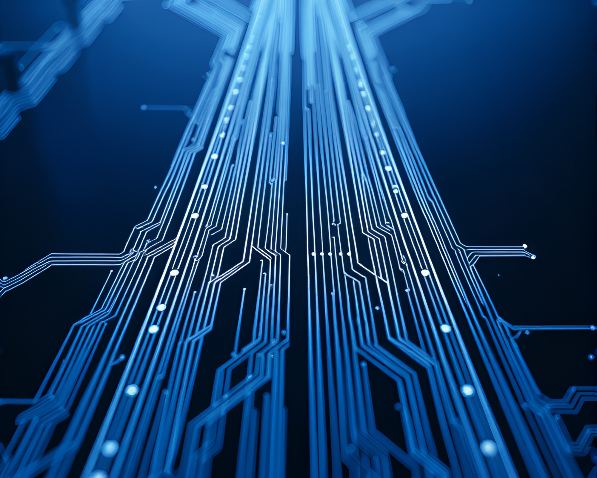 Blue Tower of Circuit Board Traces – free AI stock image