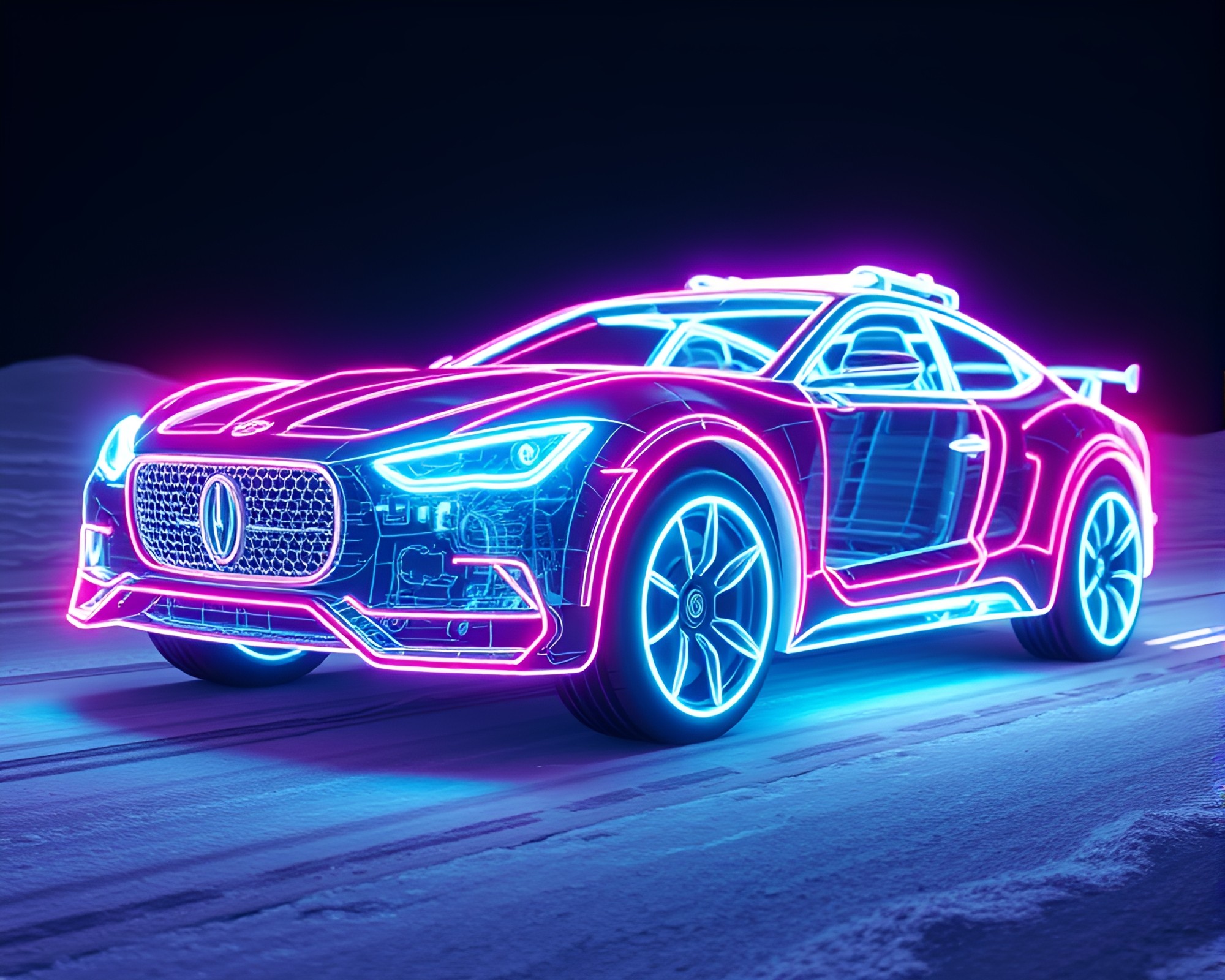 Neon Wireframe Hover Car in Polar Twilight Op Art Style – free AI stock image
