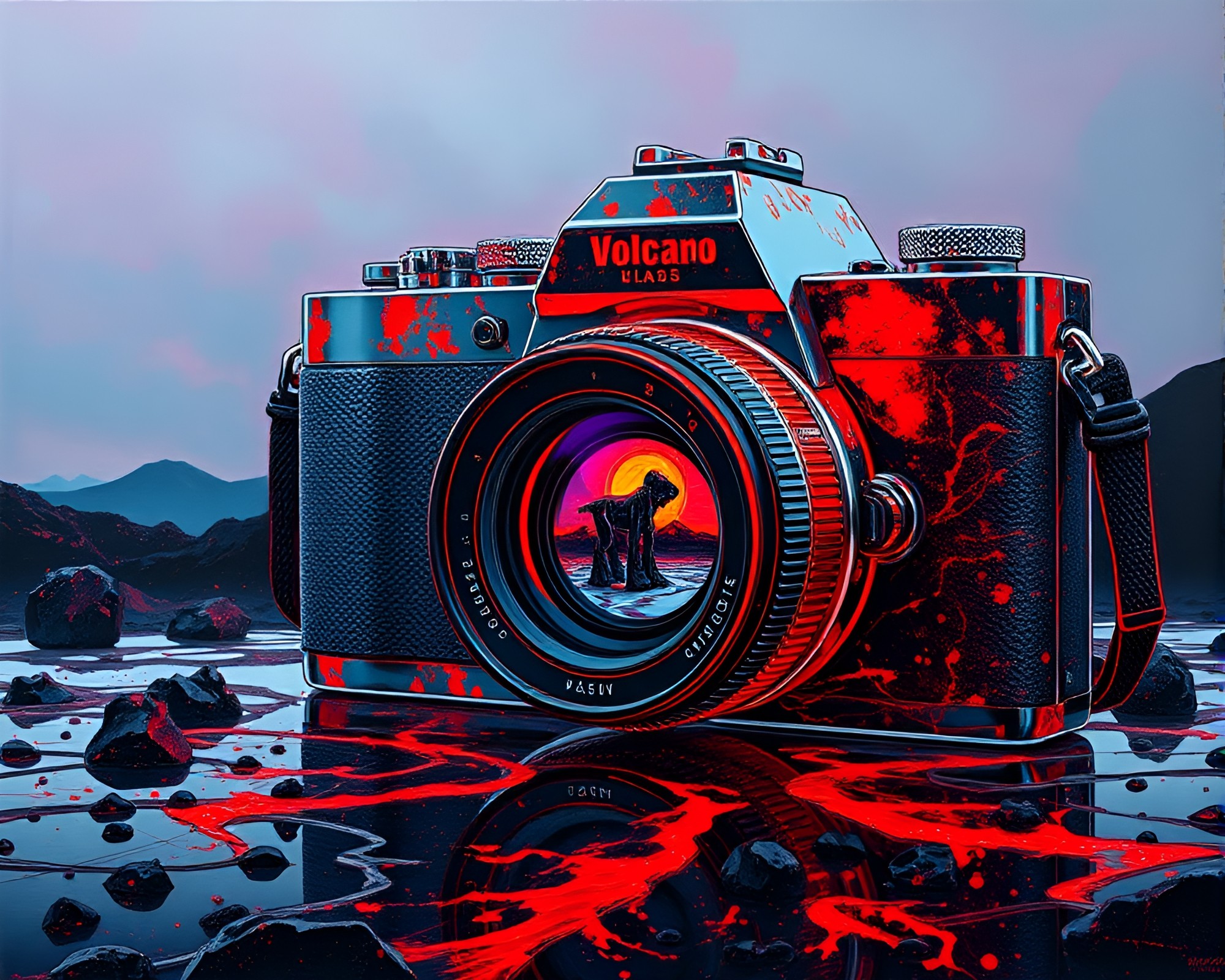 Surreal Glass Distortion: Volcanic Camera Vision – free AI stock image