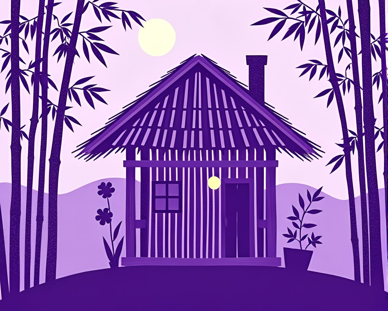 Whimsical children's book illustration of amethyst-hued bamboo hut.