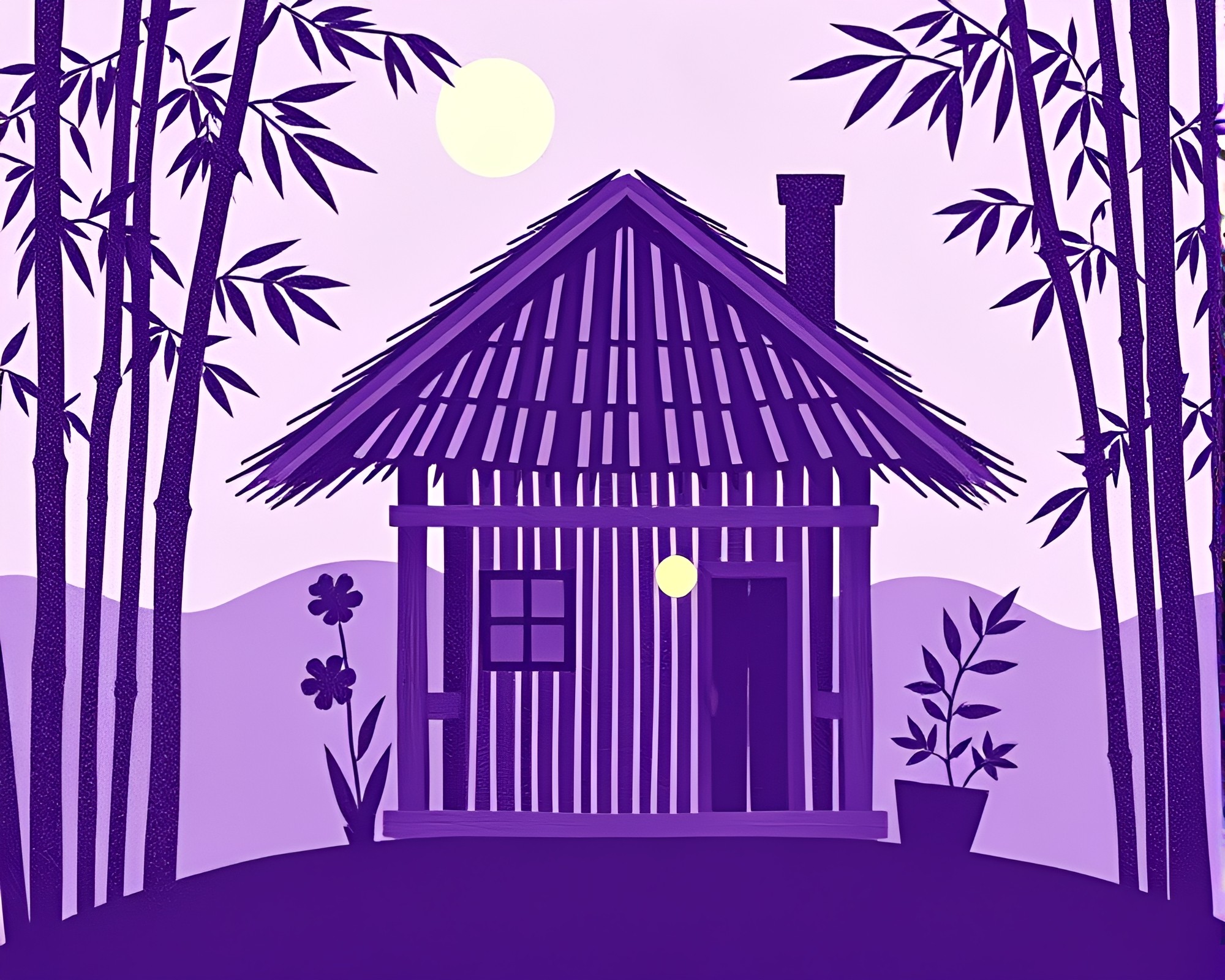 Enchanted Bamboo Hut Screenprint – free AI stock image