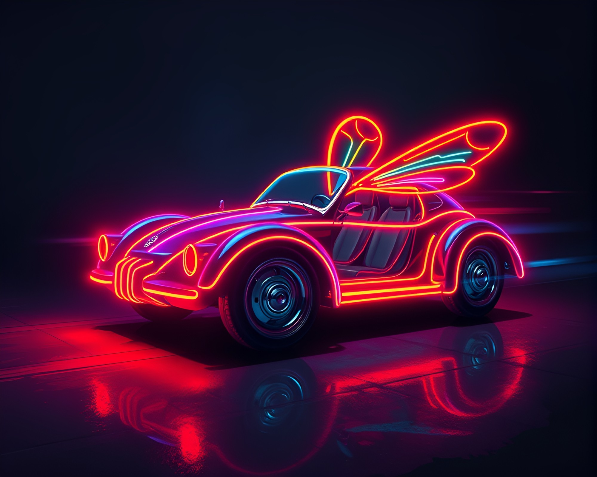 Neon Hover Car Glows in Firefly Luminescence – free AI stock image