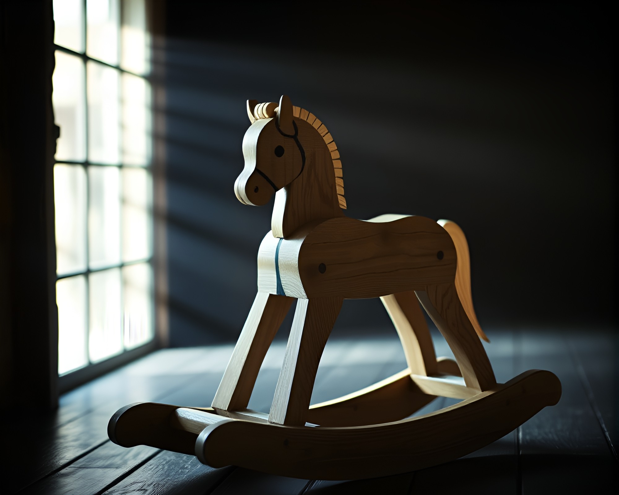 Glowing Torchlight Reflections on Wooden Rocking Horse – free AI stock image