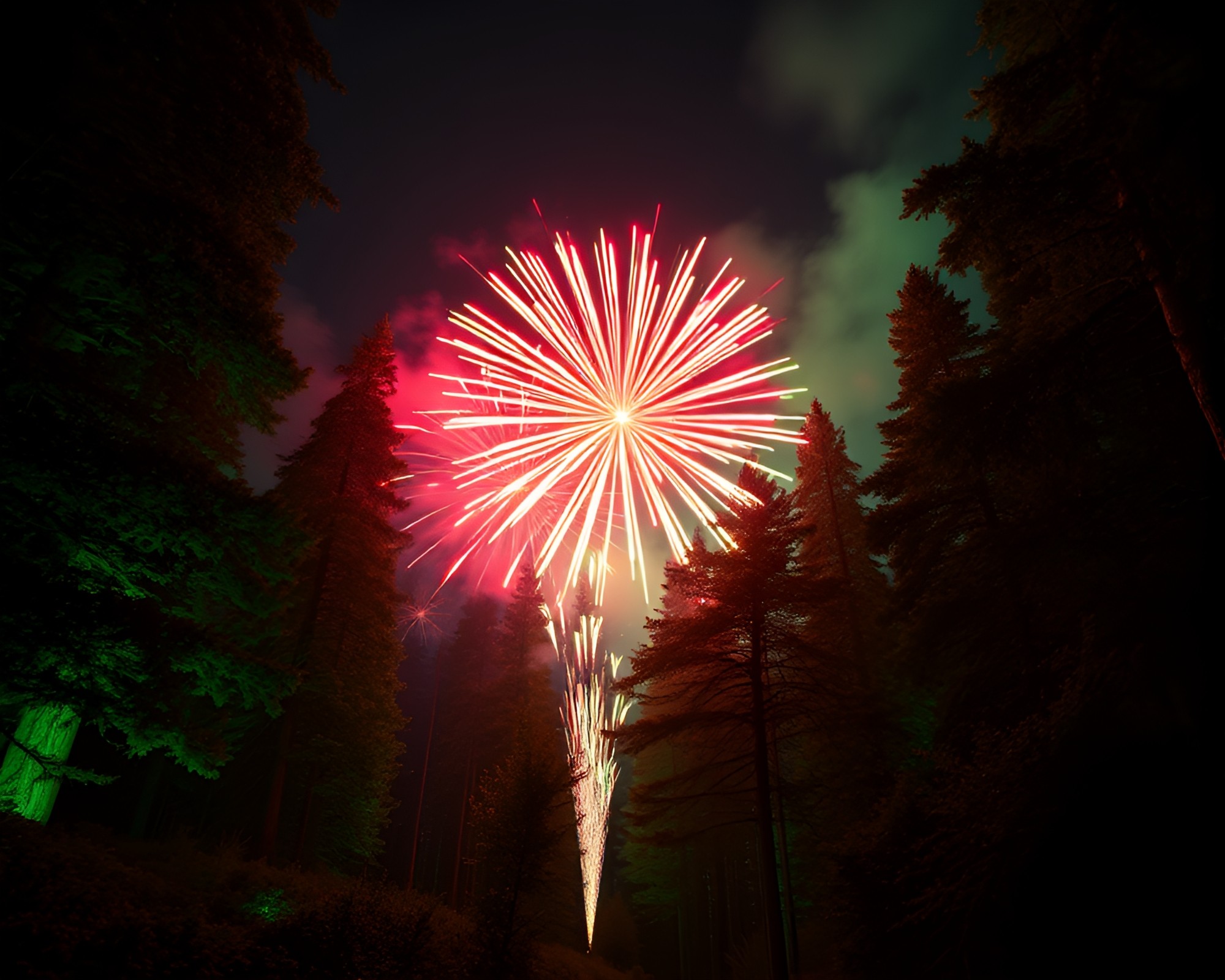 Enchanted Forest Fireworks Crown Burst – free AI stock image