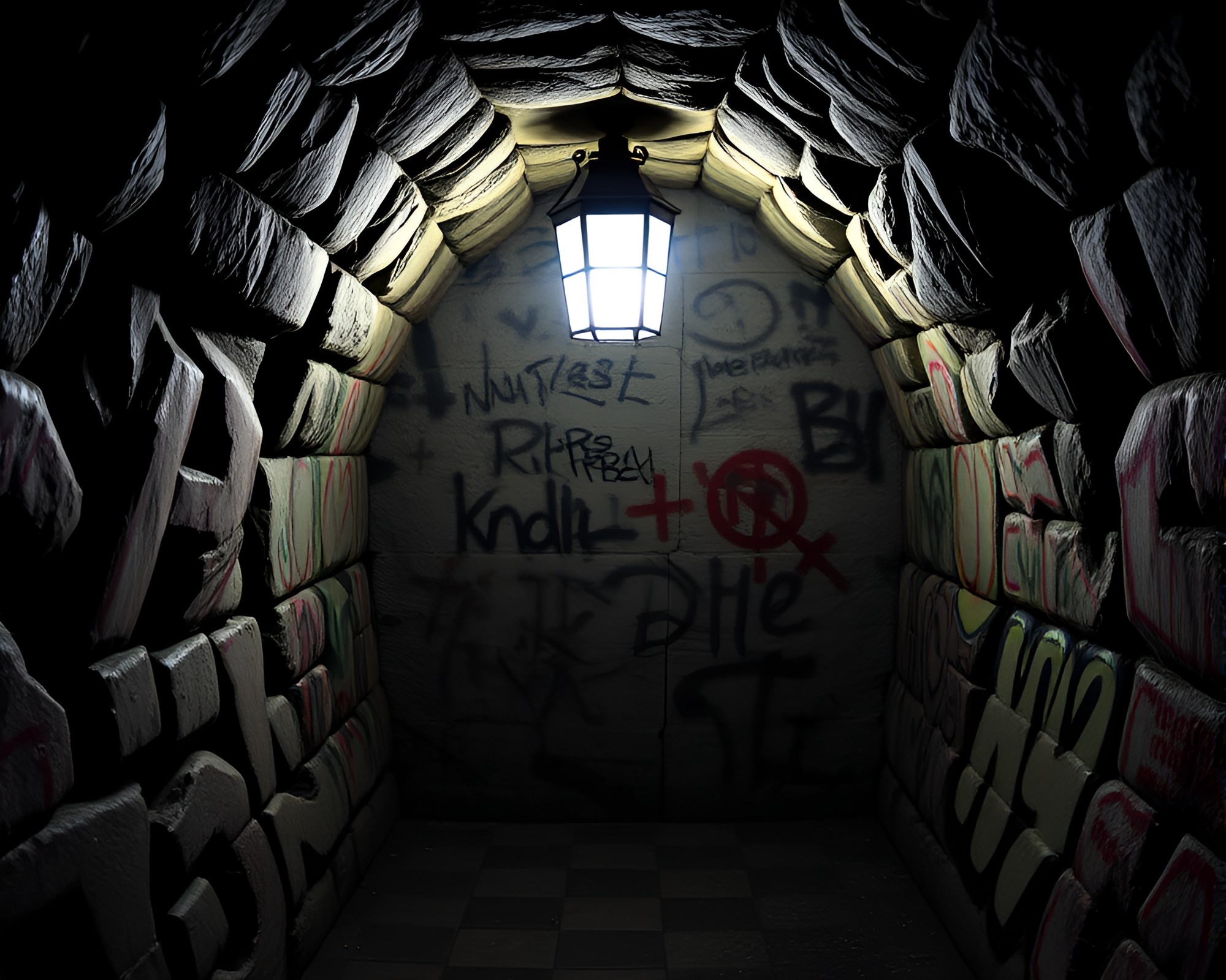 Graffiti Lamp Illuminating Checkered Cave Entrance – free AI stock image