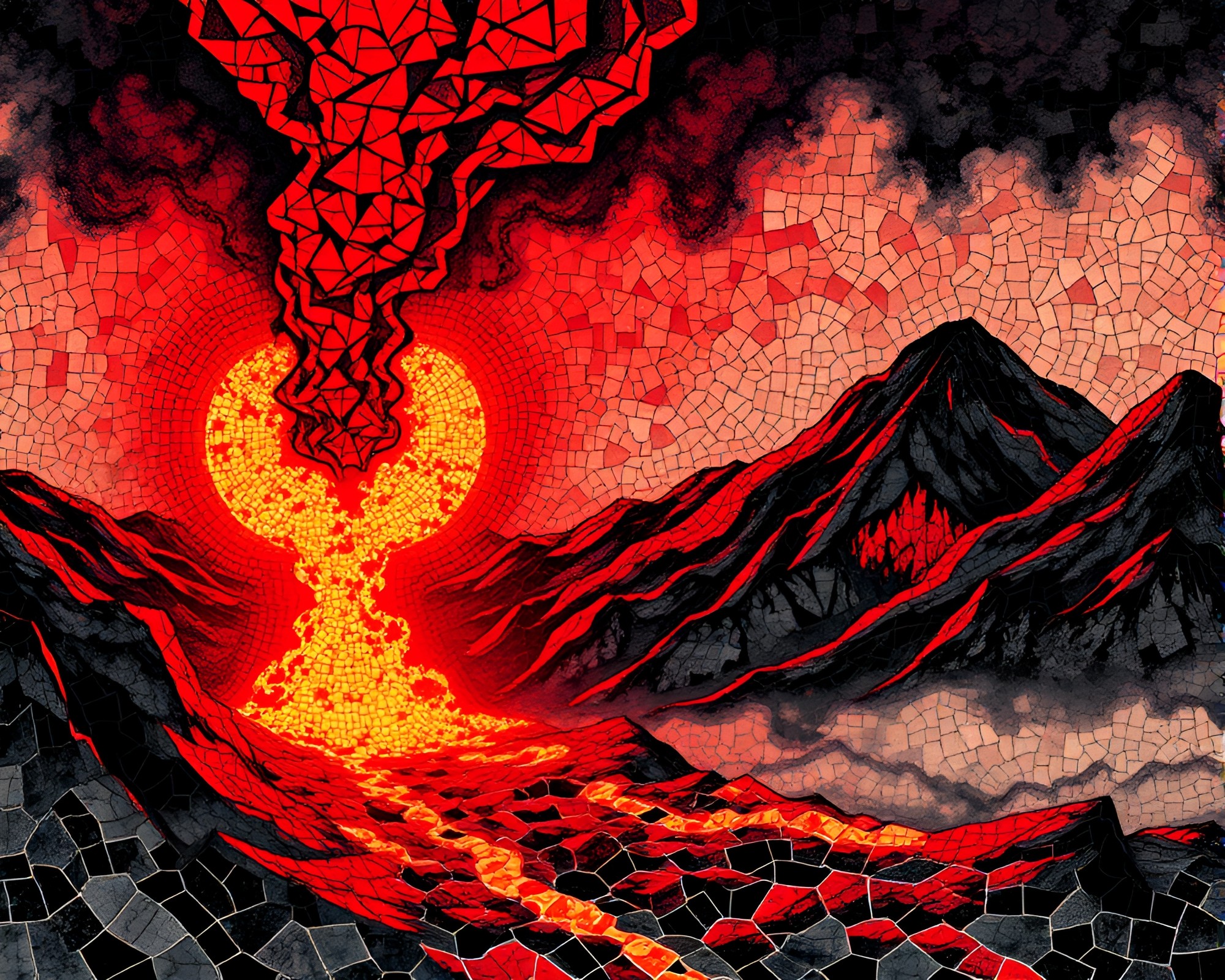 Volcano-Red Ink Mosaic: Pixel Art Calligraphy Masterpiece – free AI stock image