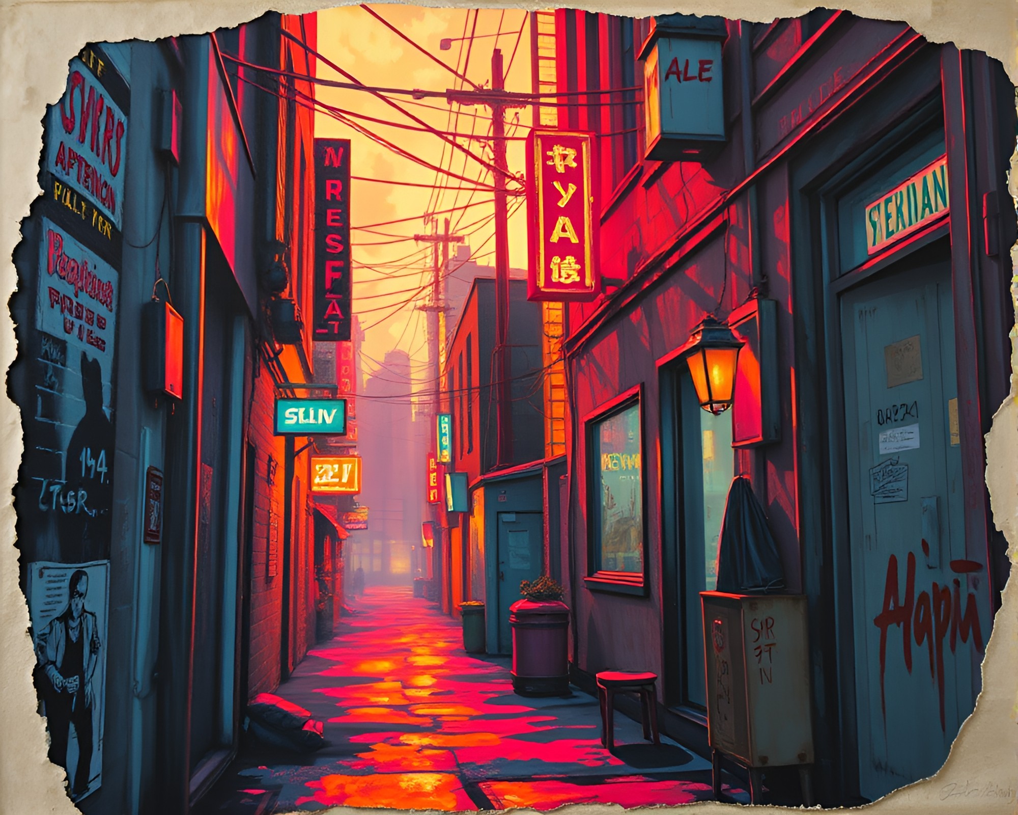 Cyberpunk Alley Mural: Torn Edges Fantasy – free AI stock image