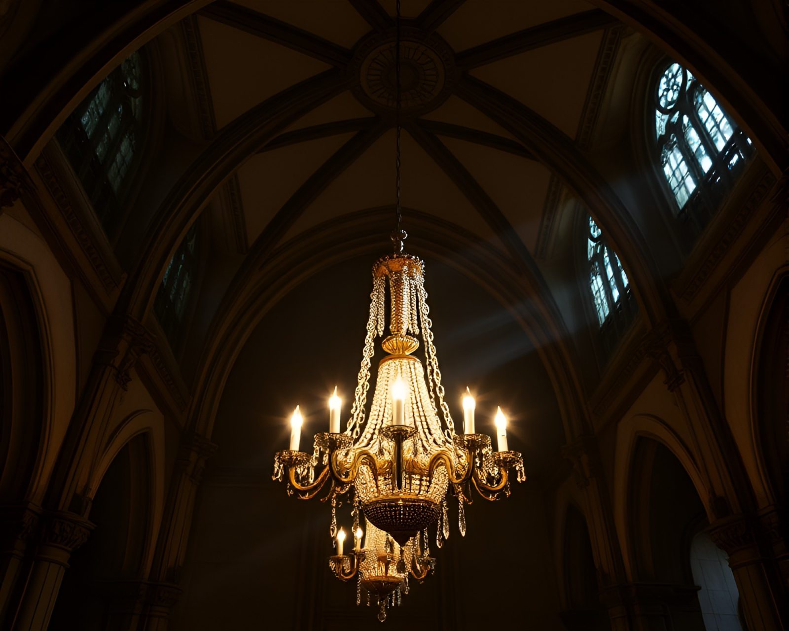 Gothic chandelier in a dimly lit, film grain atmosphere