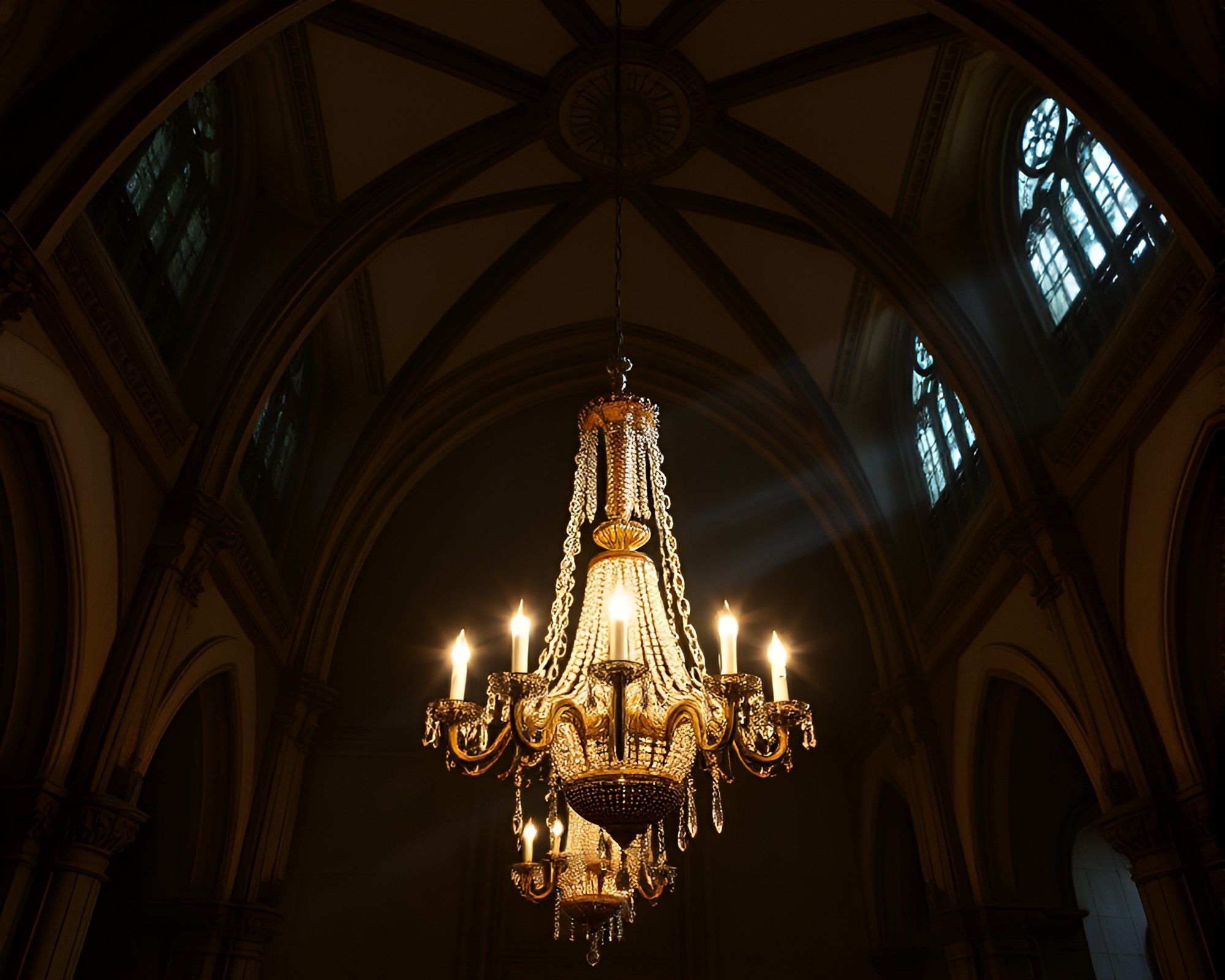 Majestic Gothic Chandelier with Leading Lines and Film Grain – free AI stock image