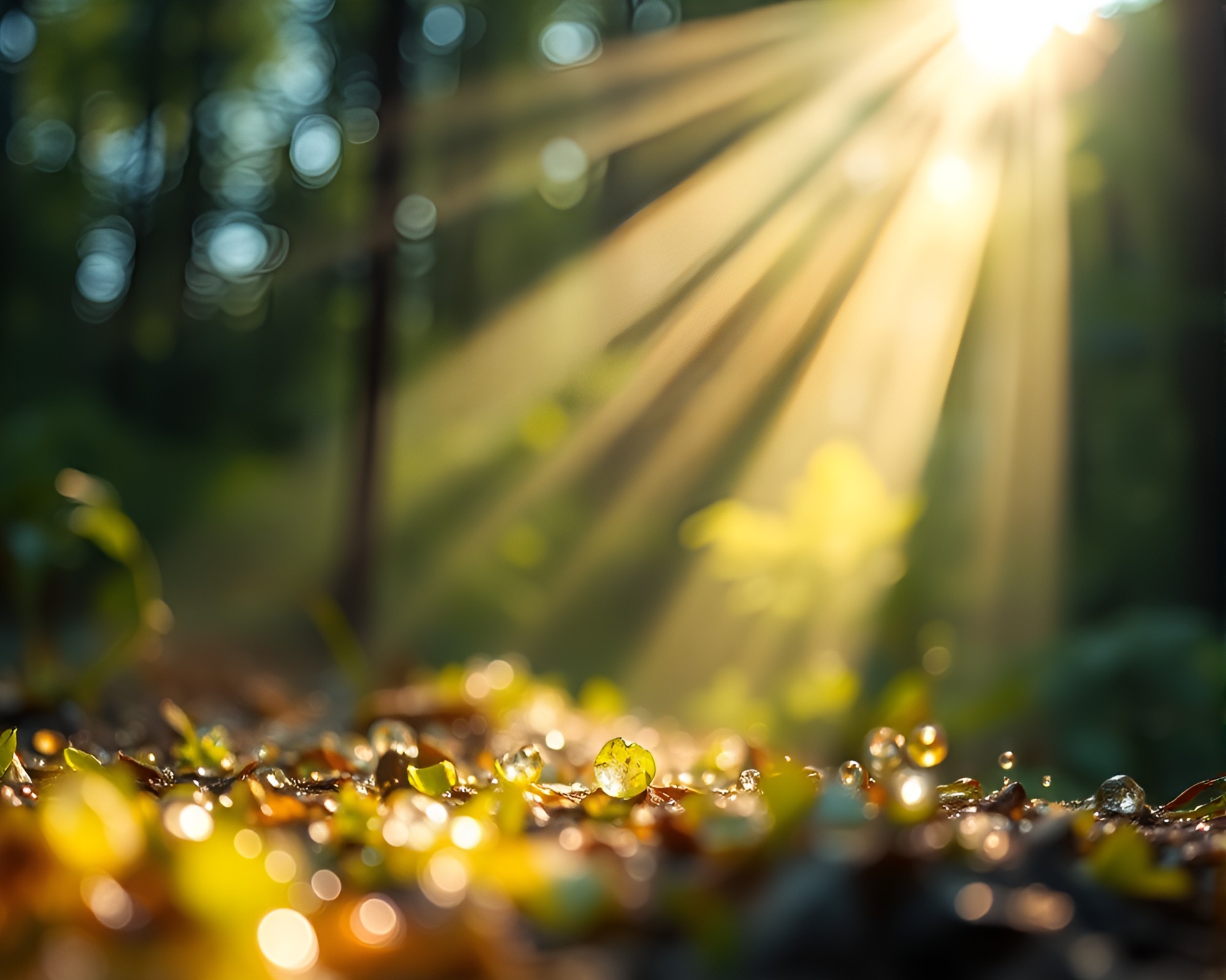 Bioluminescent Forest Illuminated by Sunbeam Rays through Wet Glass Beads – free AI stock image