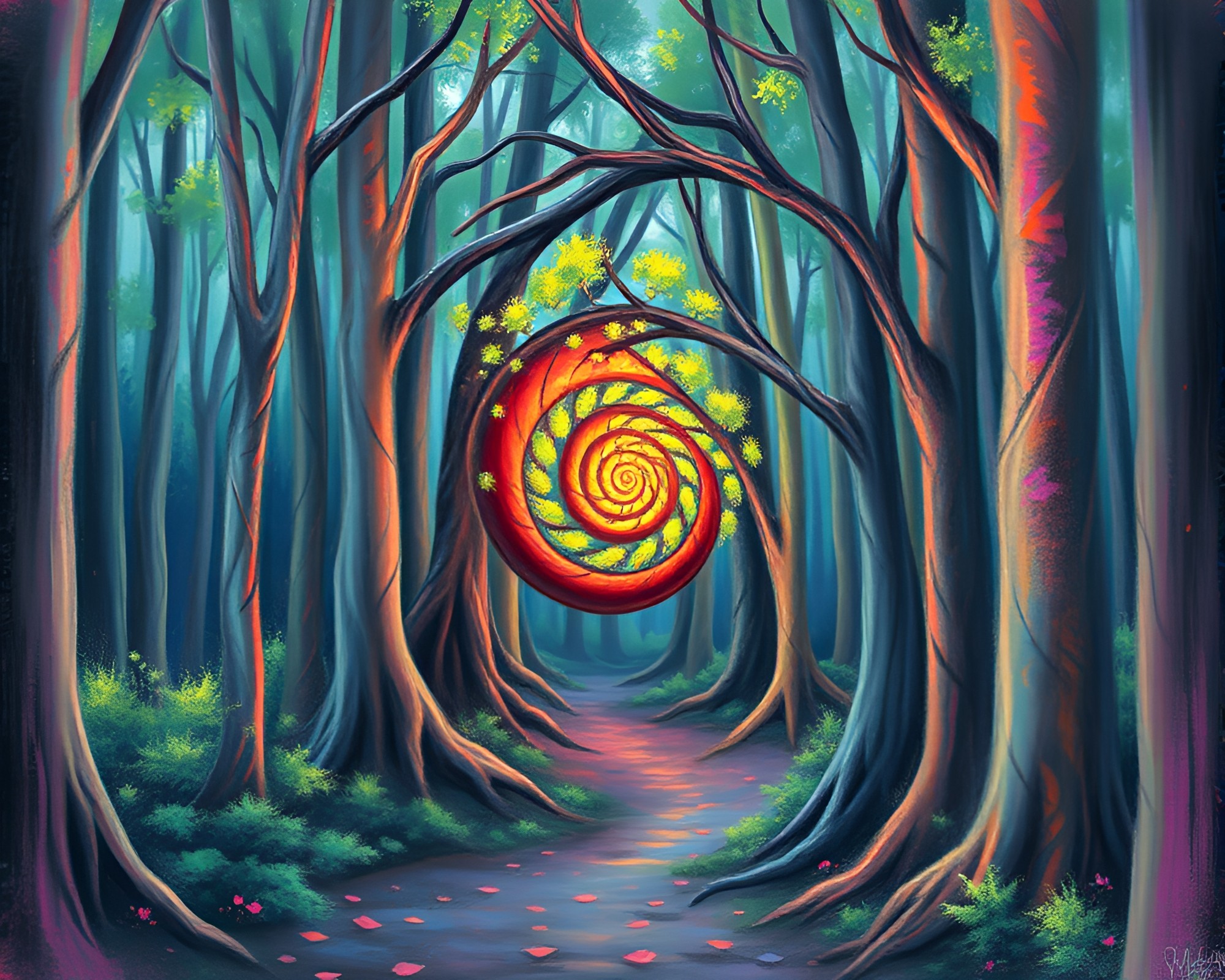 Enchanting Forest Fibonacci Spiral in Pastel Graffiti Digital Painting – free AI stock image
