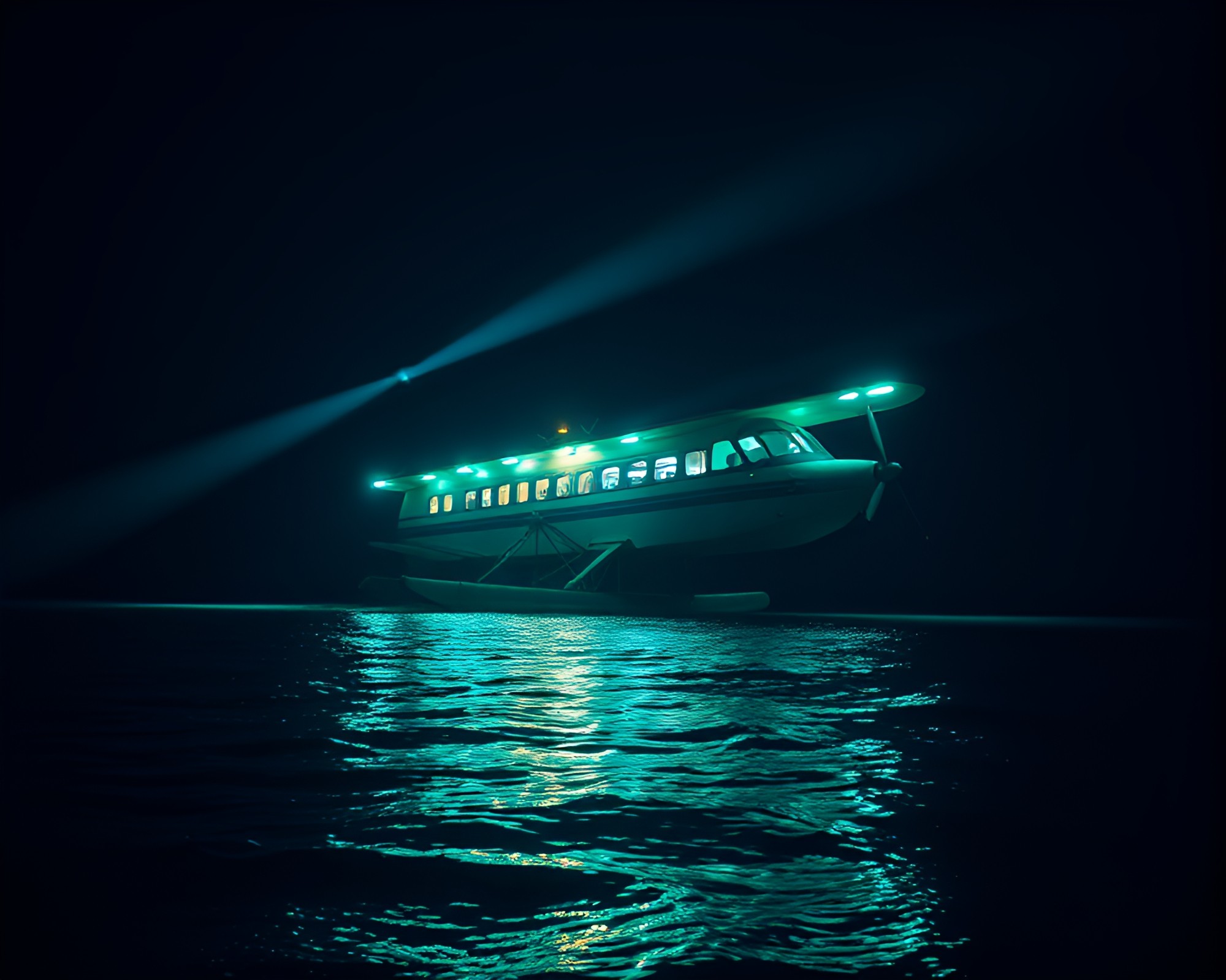 Bioluminescent Sea Plane in Noir Crop – free AI stock image