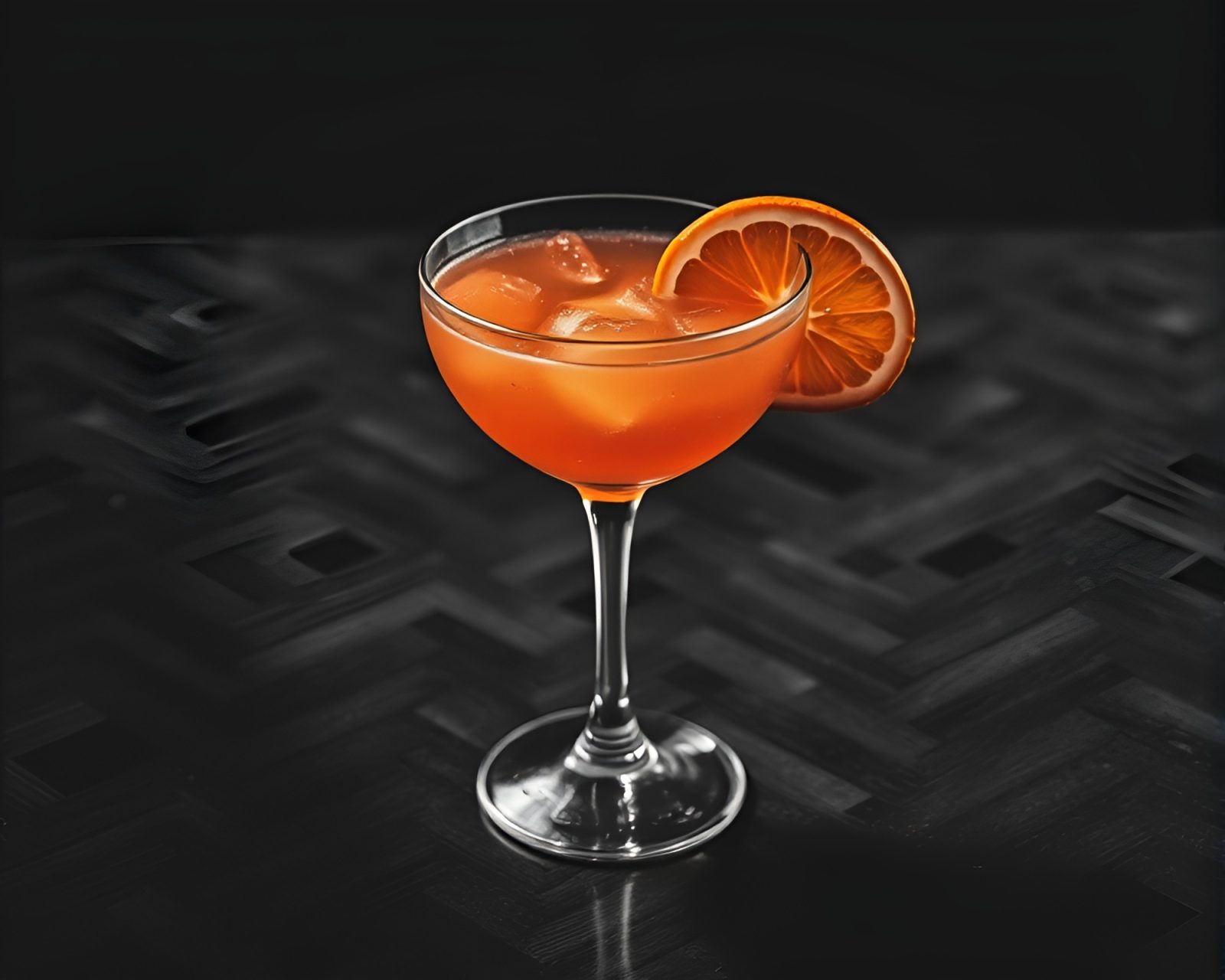 A dark, intricate illustration of a blood orange cocktail