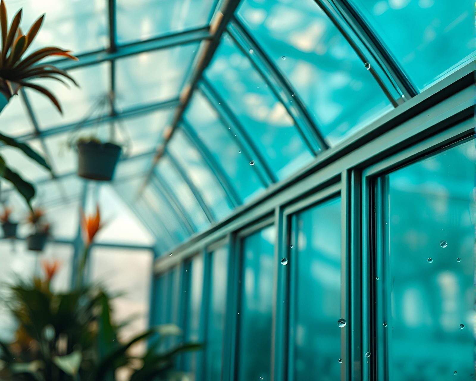 Close-up of vibrant glass greenhouse reflecting colorful surroundings