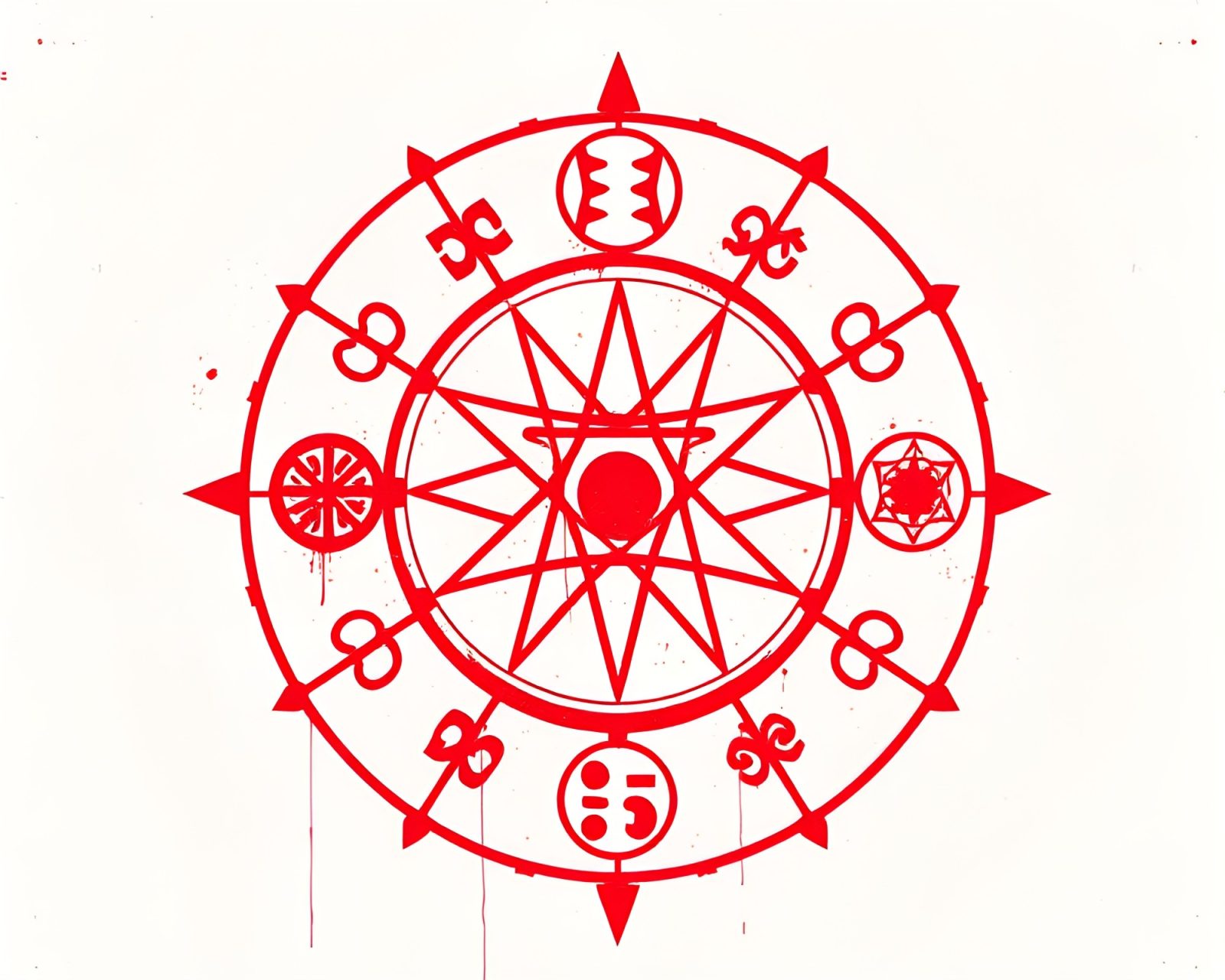Off-center alchemical symbols in 90s grunge style red art