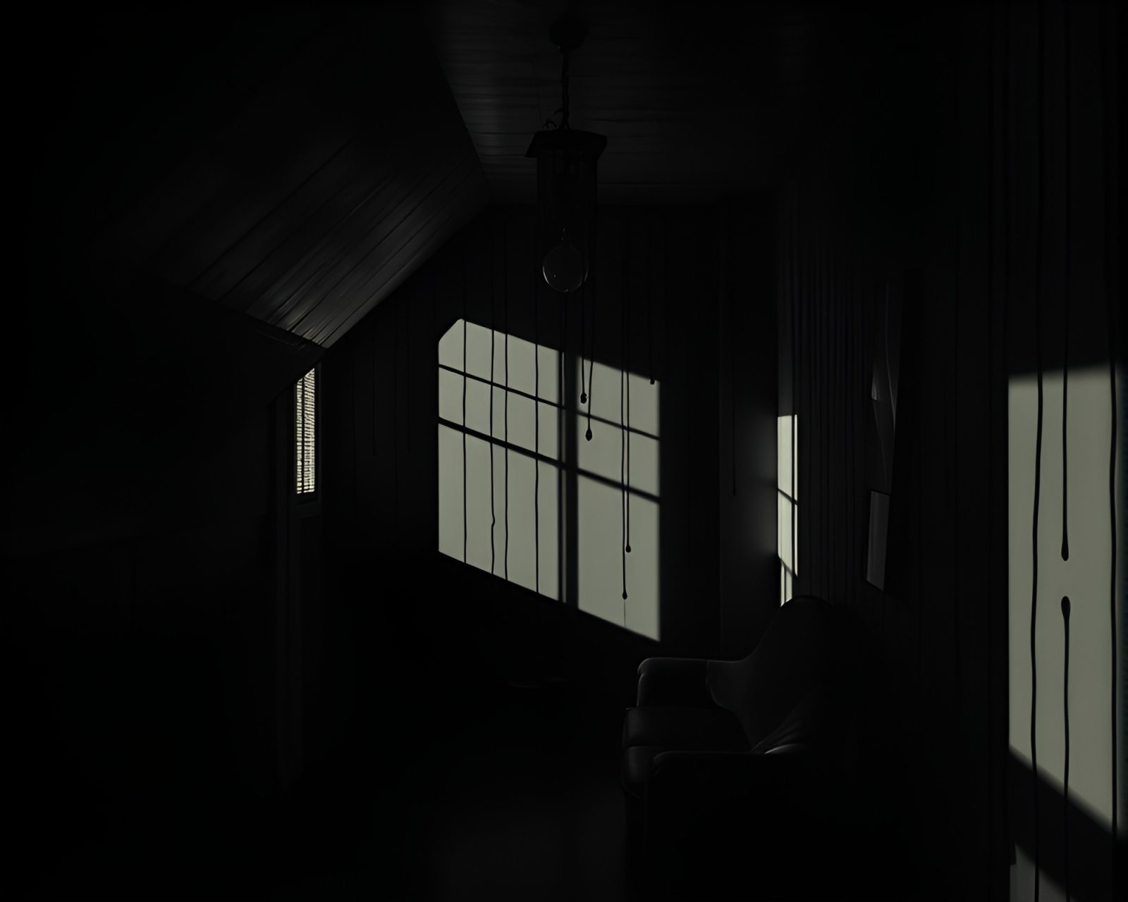 Shadowy noir art deco hotel attic with paint drips