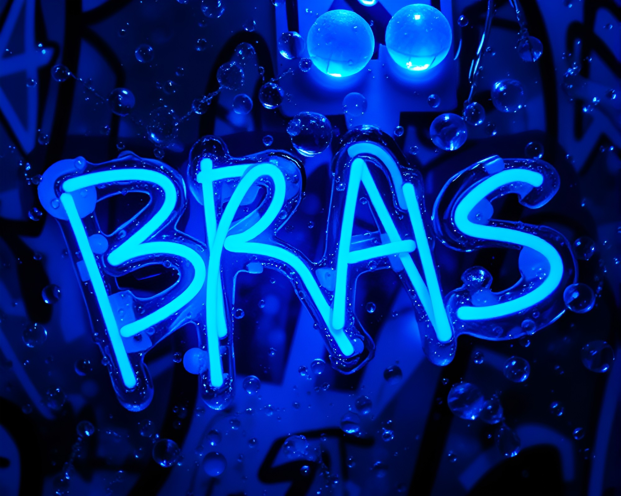 Surreal Neon Graffiti Illuminating Monochrome Blue Glass Beads – free AI stock image